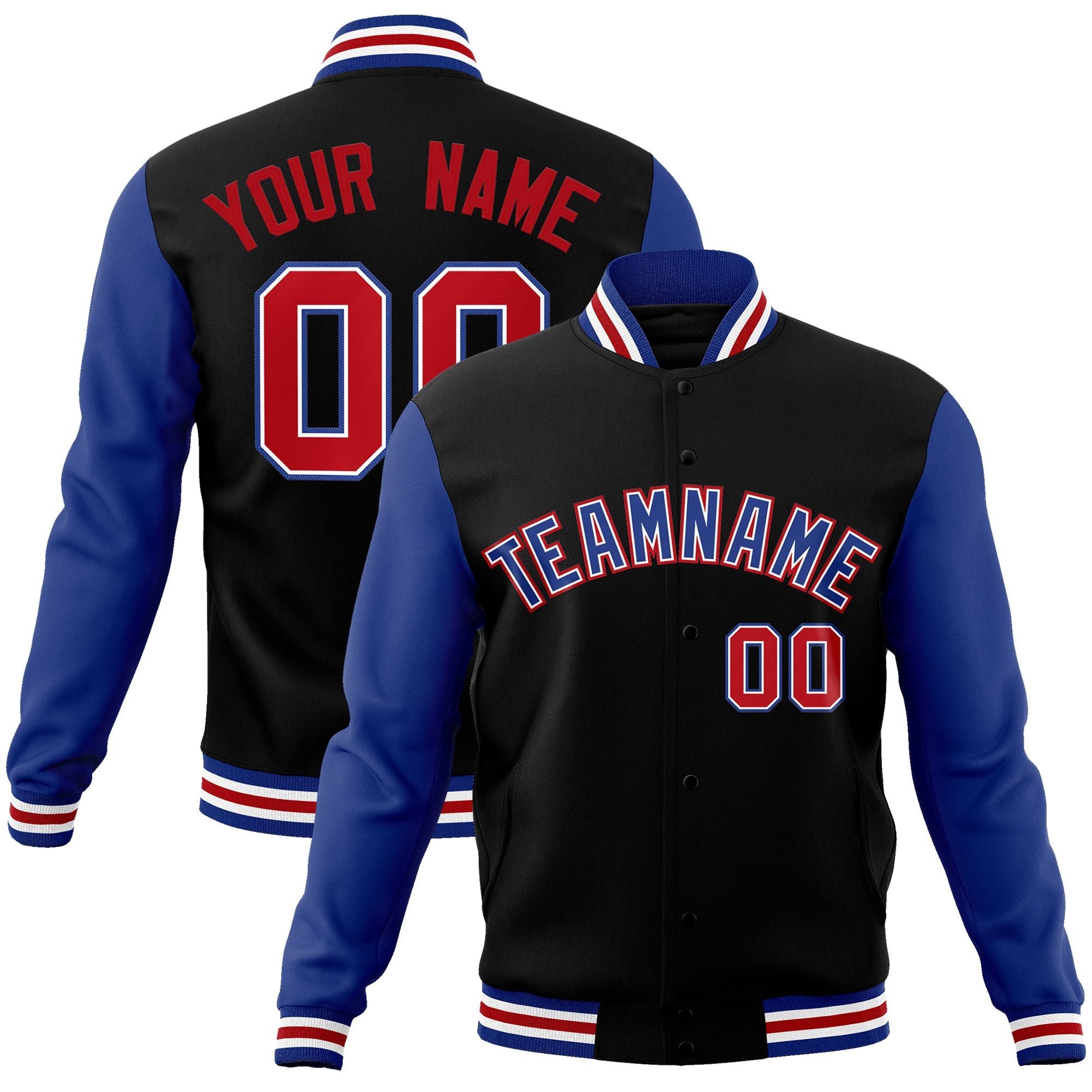 Custom Black Royal-White Raglan Sleeves Varsity Full-Snap Letterman Jacket