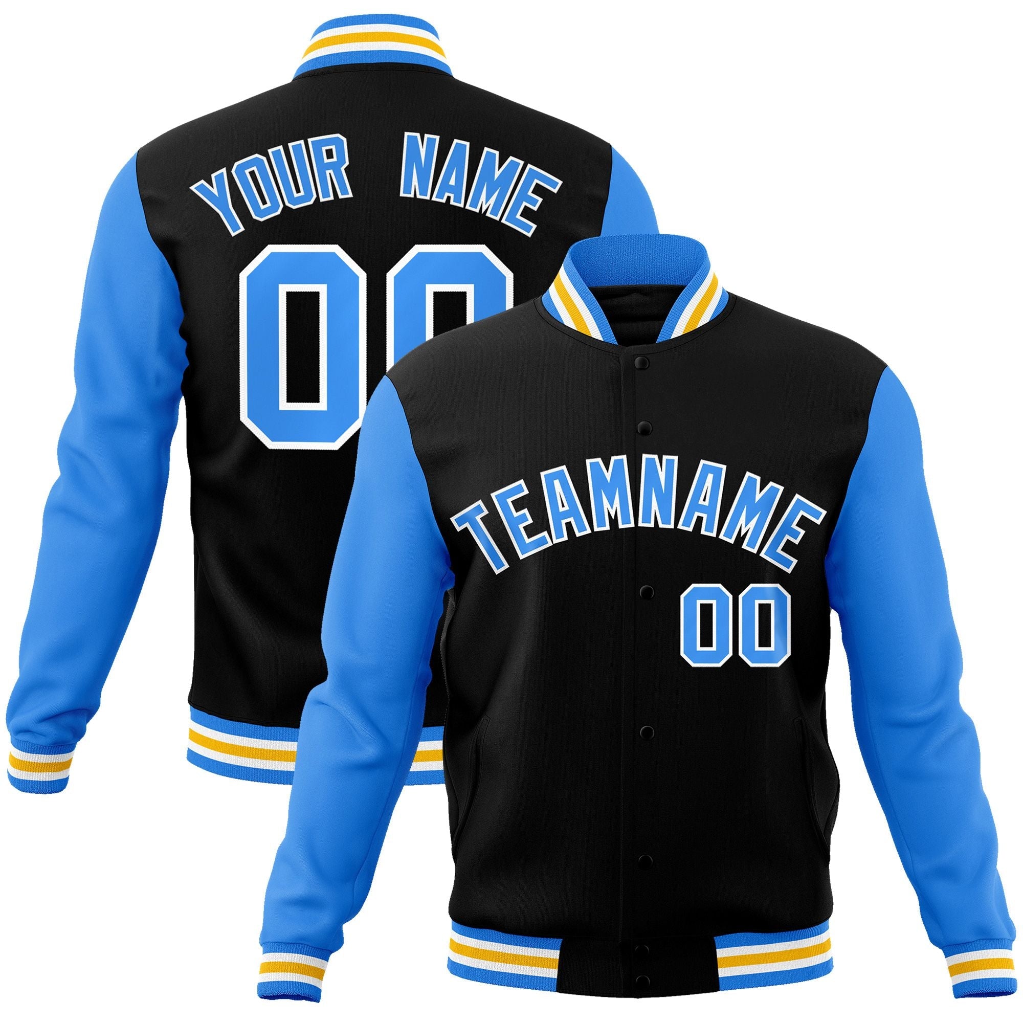 Custom Black Powder Blue-White Raglan Sleeves Varsity Full-Snap Letterman Jacket