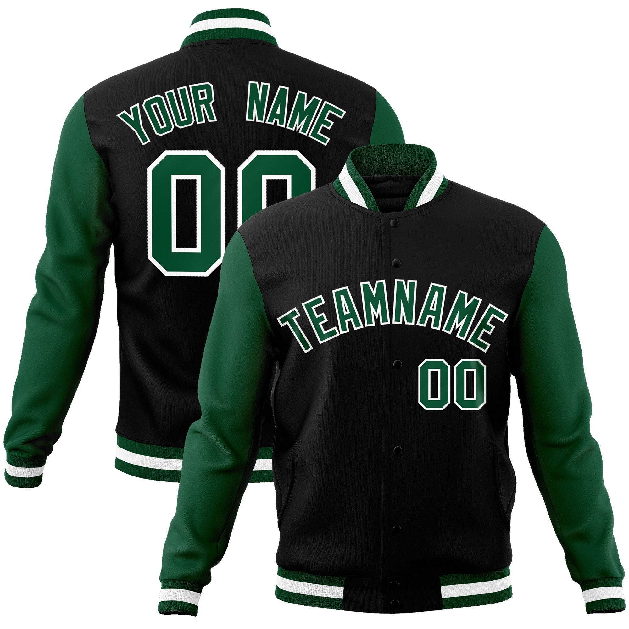 Custom Black Green-White Raglan Sleeves Varsity Full-Snap Letterman Jacket