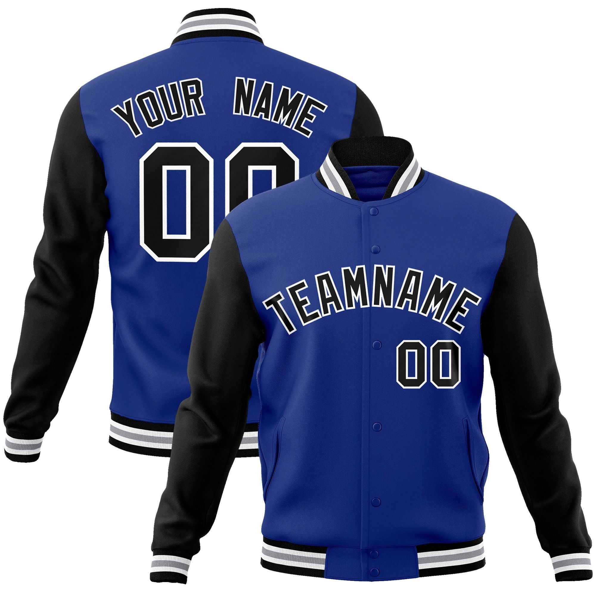 Custom Royal Black-White Raglan Sleeves Varsity Full-Snap Letterman Jacket