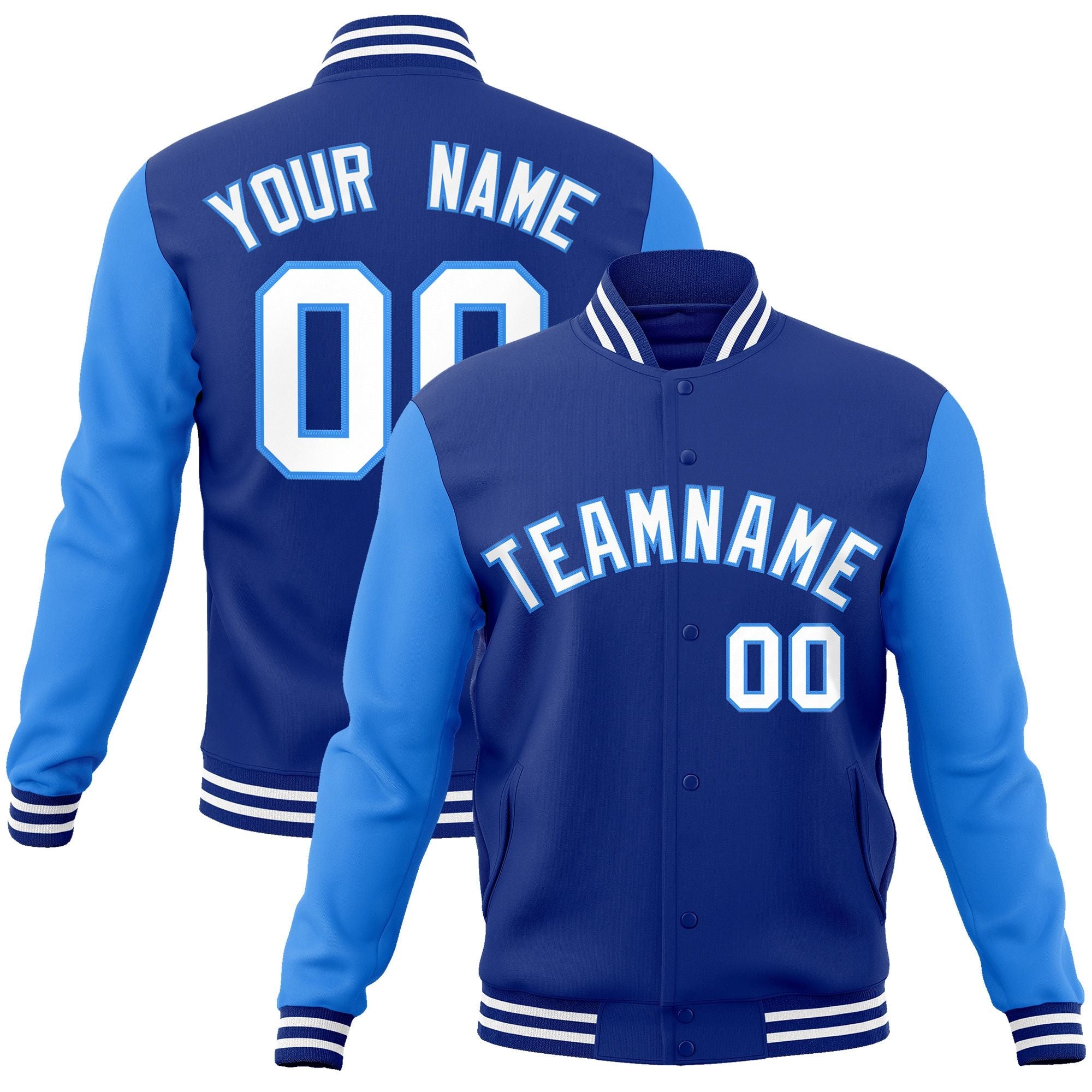 Custom Royal White-Powder Blue Raglan Sleeves Varsity Full-Snap Letterman Jacket