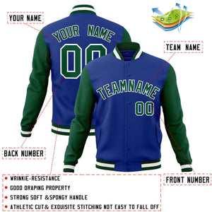 Veste Letterman Varsity Full-Snap à manches raglan personnalisées Royal Green-White