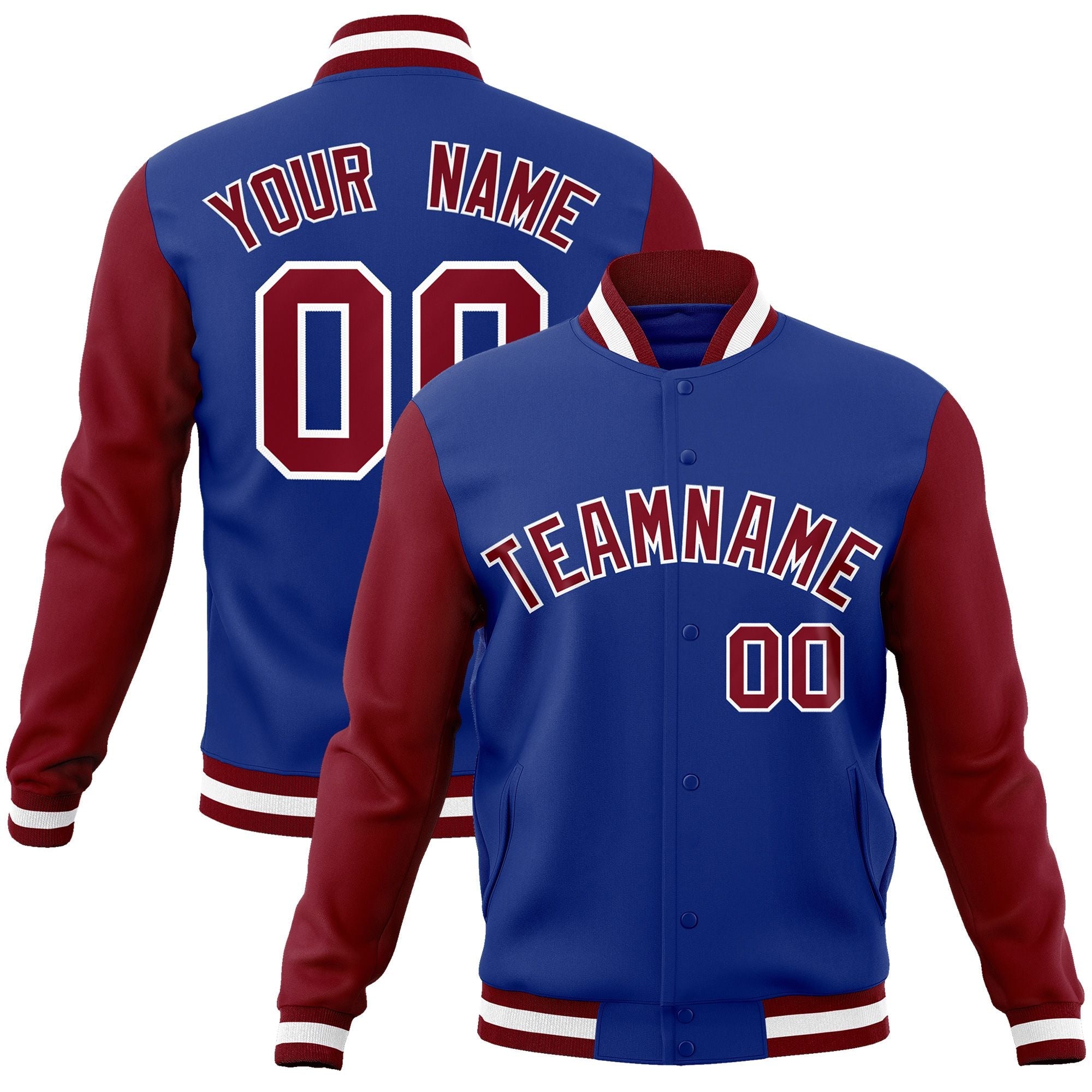 Custom Royal Crimson-White Raglan Sleeves Varsity Full-Snap Letterman Jacket