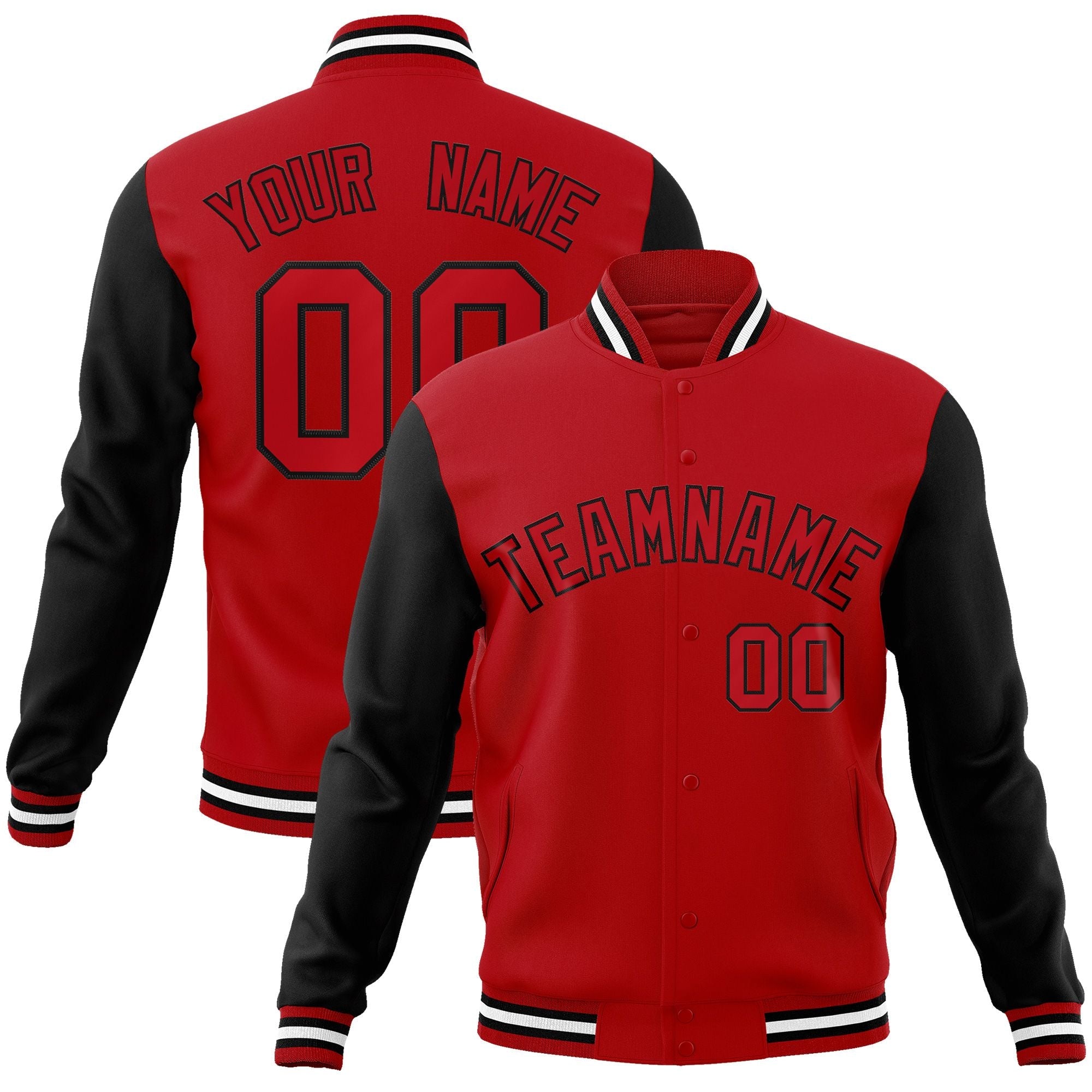 Custom Red Red-Black Raglan Sleeves Varsity Full-Snap Letterman Jacket