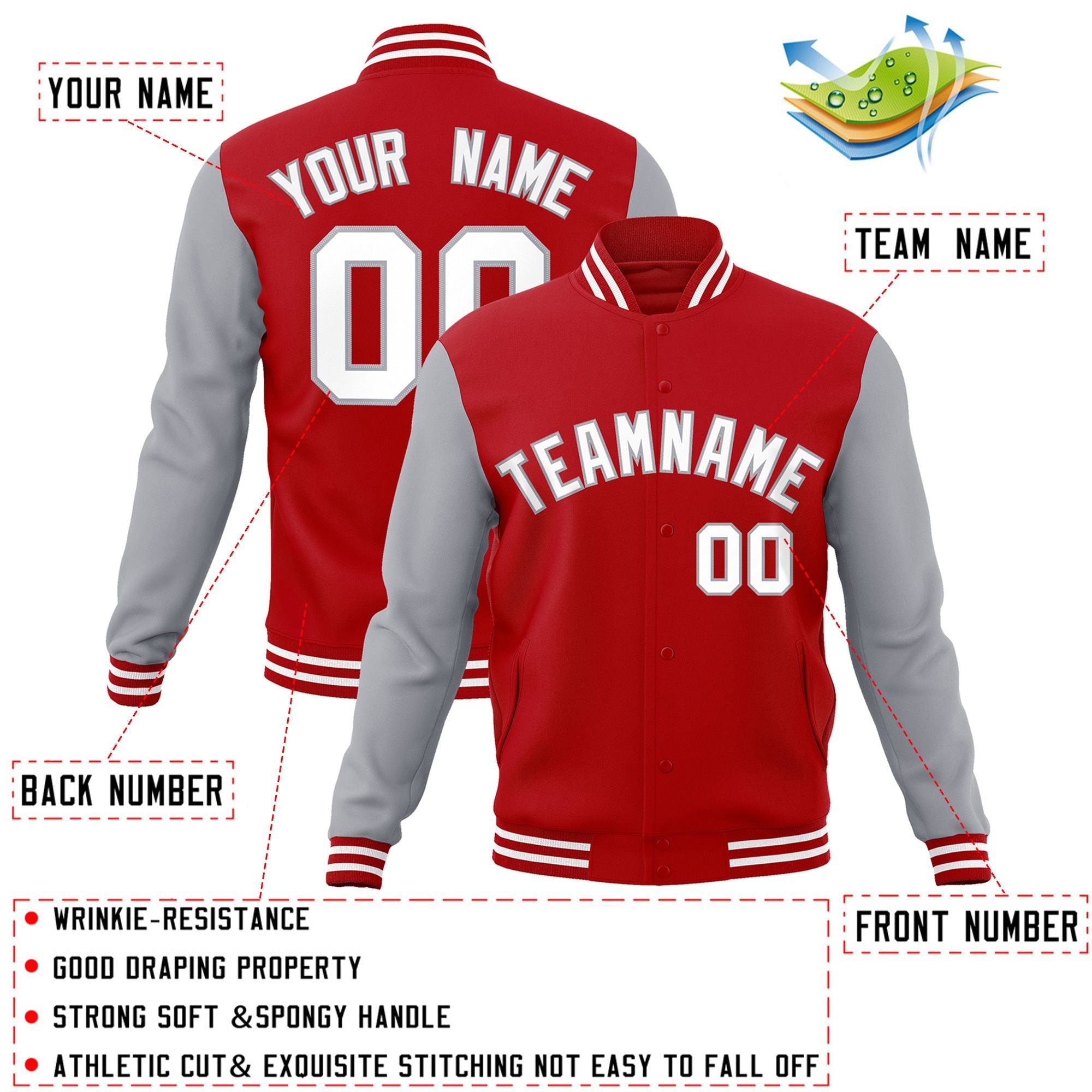 Custom Red White-Gray Raglan Sleeves Varsity Full-Snap Letterman Jacket