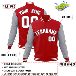 Custom Red White-Gray Raglan Sleeves Varsity Full-Snap Letterman Jacket