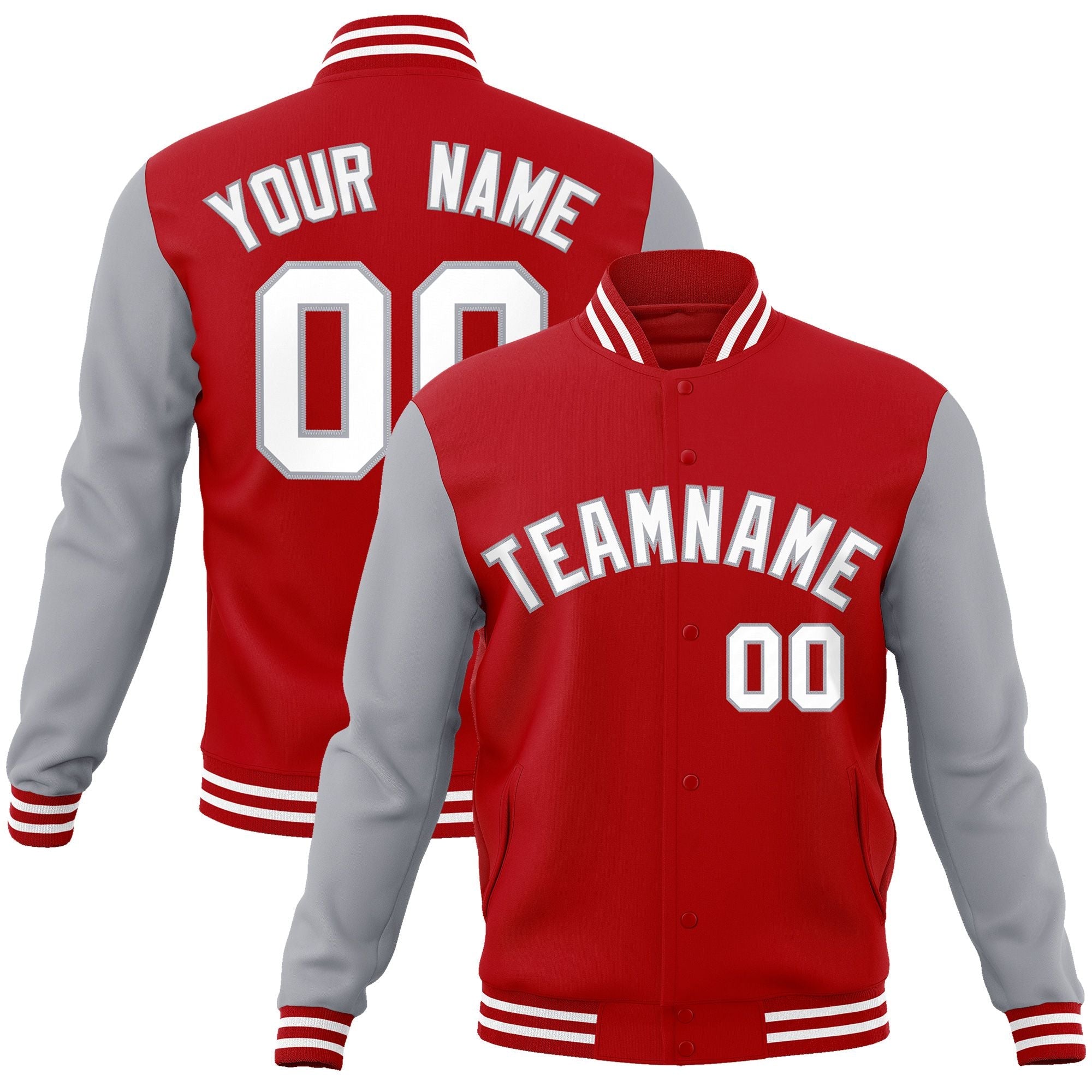 Custom Red White-Gray Raglan Sleeves Varsity Full-Snap Letterman Jacket