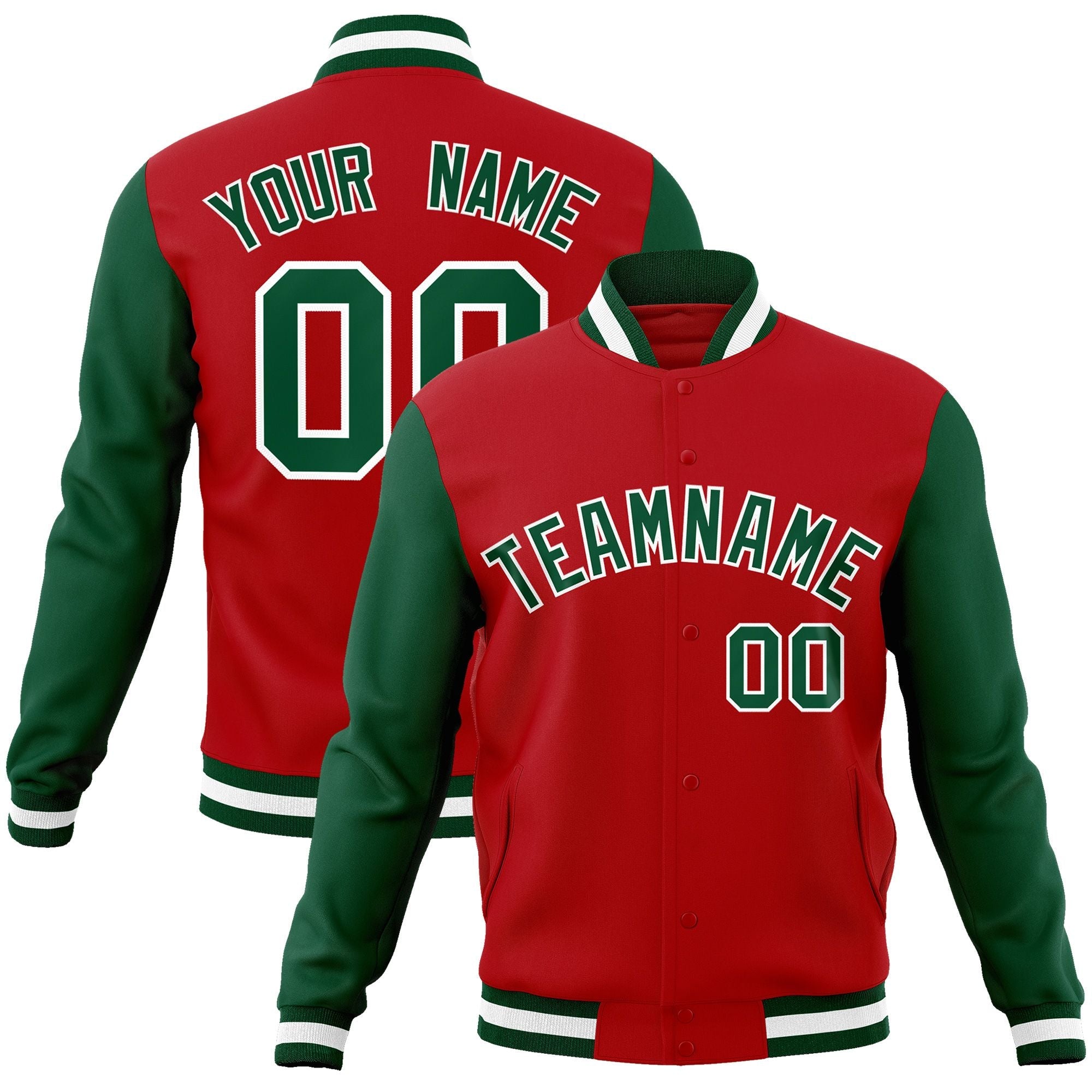 Custom Red Green-White Raglan Sleeves Varsity Full-Snap Letterman Jacket