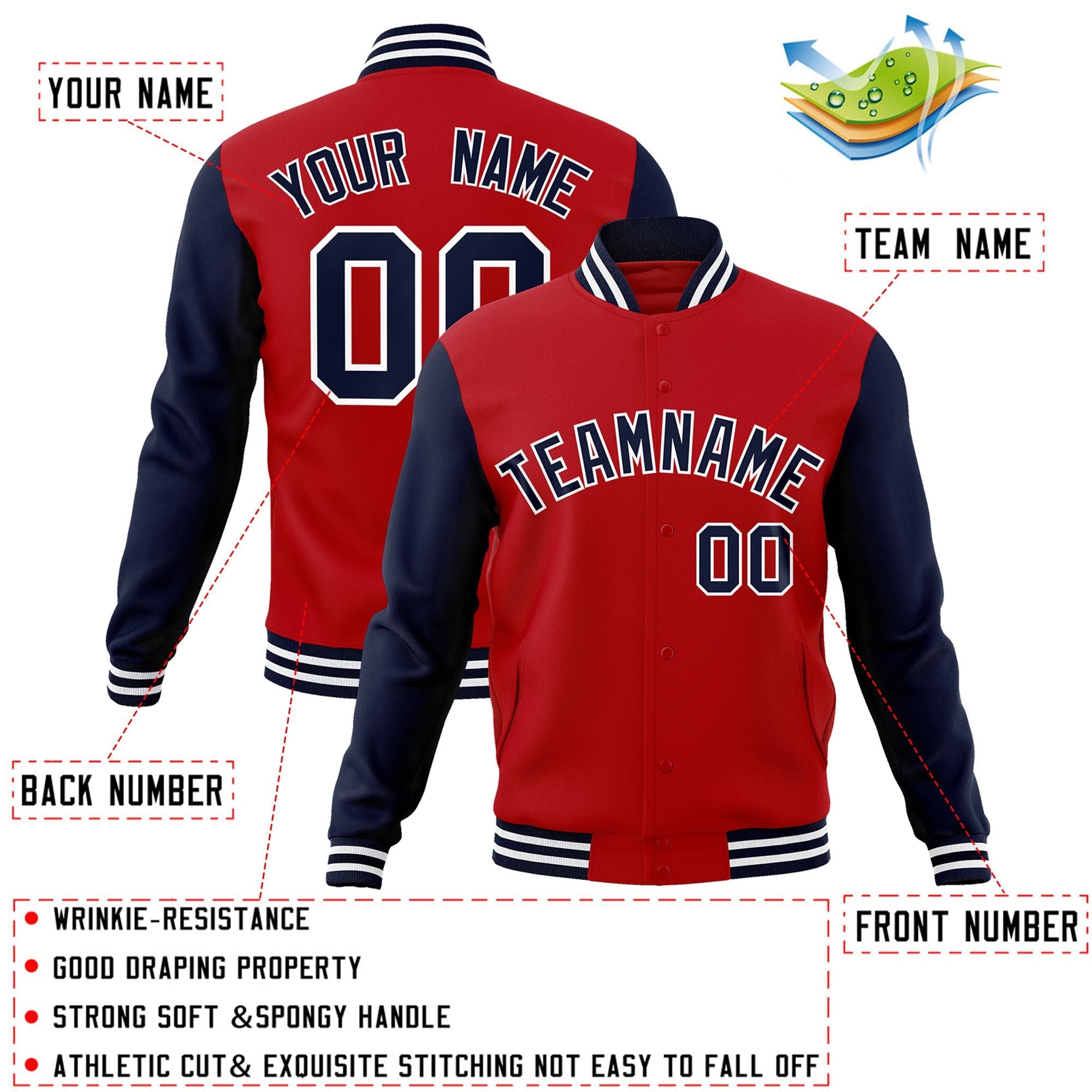 Veste Letterman Varsity Full-Snap à manches raglan rouge marine-blanc personnalisée