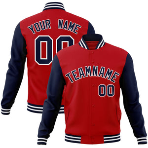 Custom Red Navy-White Raglan Sleeves Varsity Full-Snap Letterman Jacket