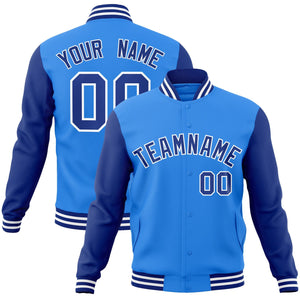 Custom Powder Blue Royal-White Raglan Sleeves Varsity Full-Snap Letterman Jacket