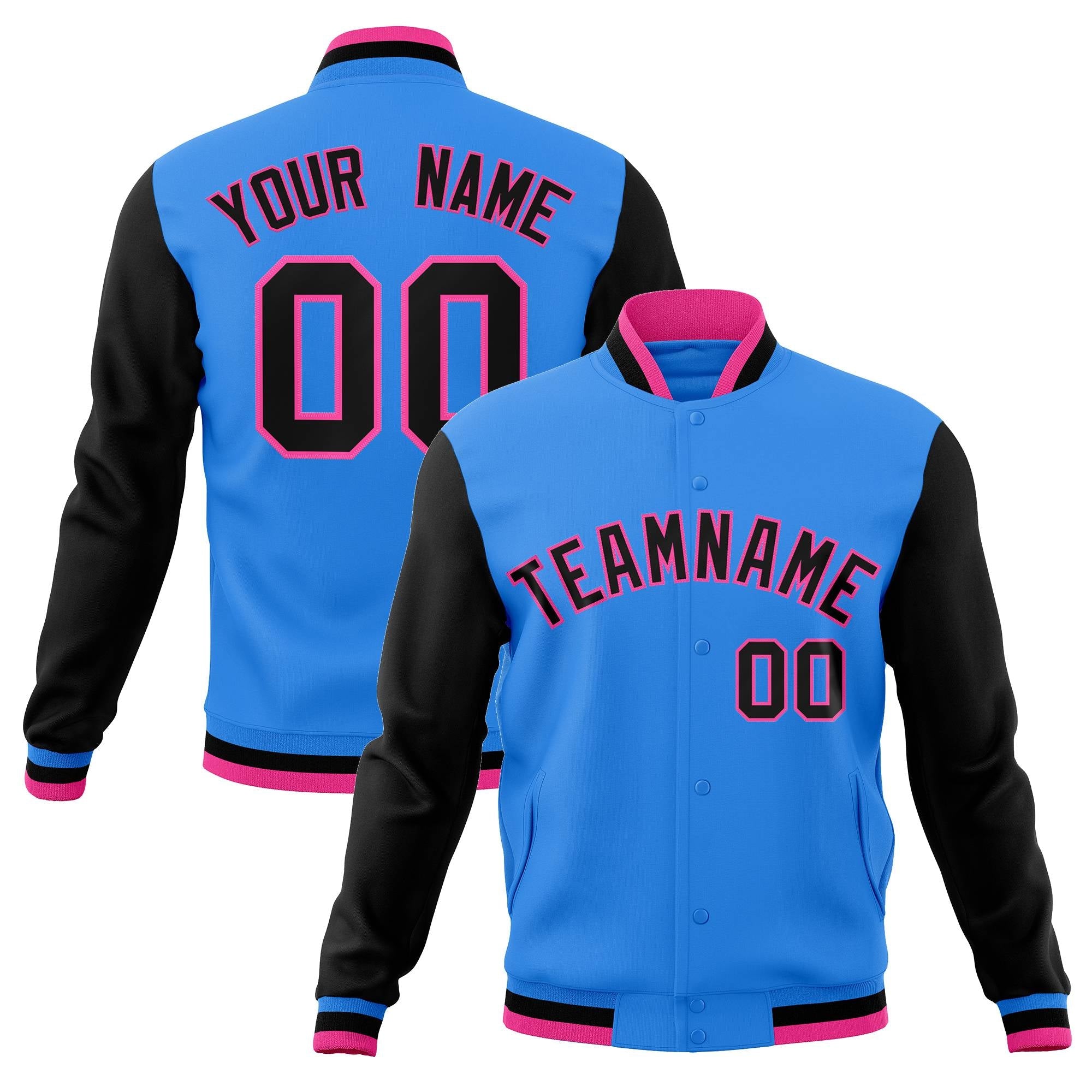 Custom Powder Blue Black-Pink Raglan Sleeves Varsity Full-Snap Letterman Jacket