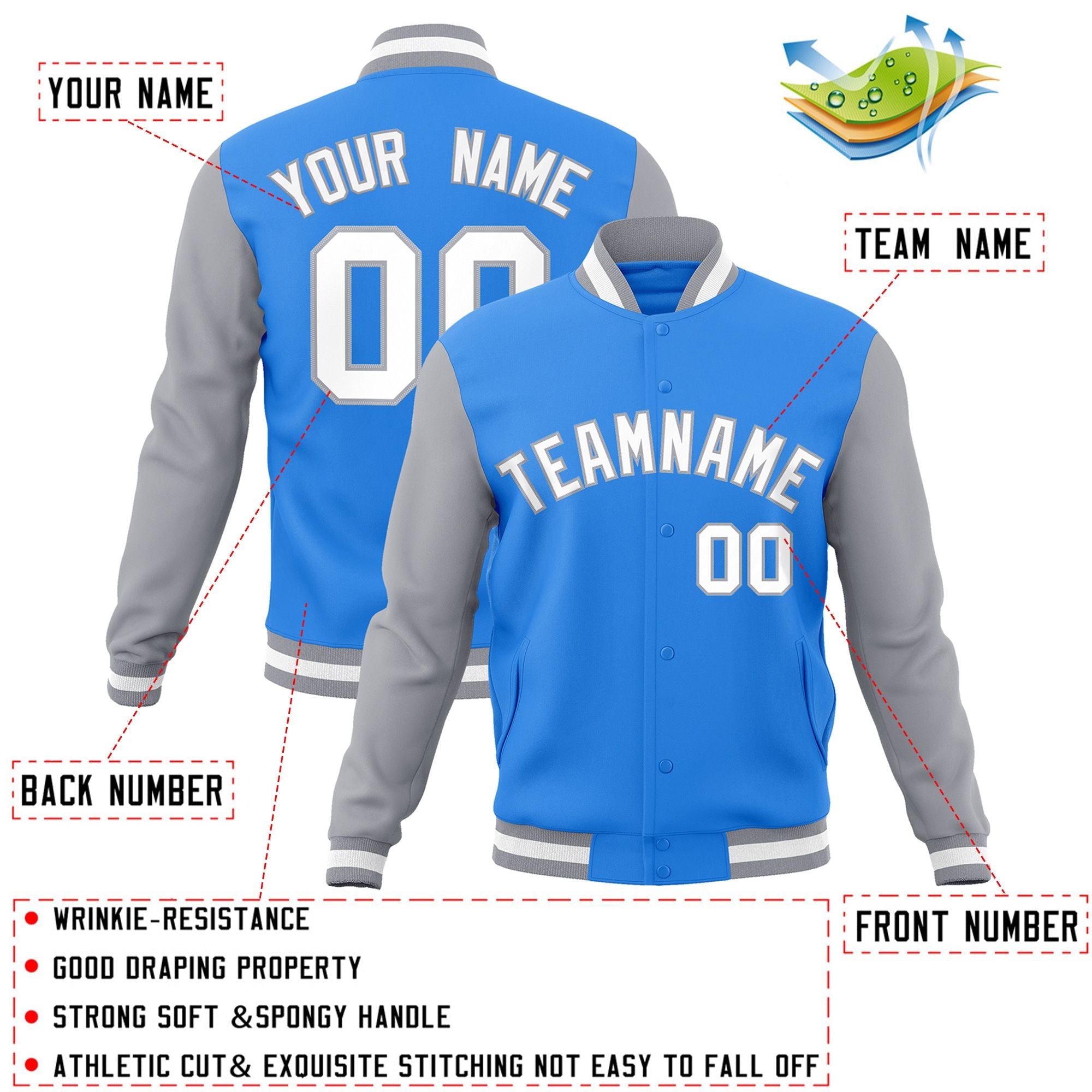 Custom Powder Blue White-Gray Raglan Sleeves Varsity Full-Snap Letterman Jacket