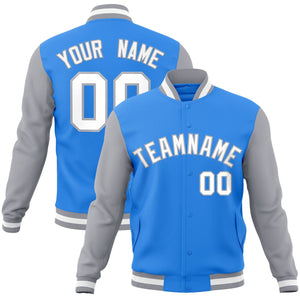 Veste Letterman Varsity Full-Snap à manches raglan bleu poudre blanc-gris personnalisée