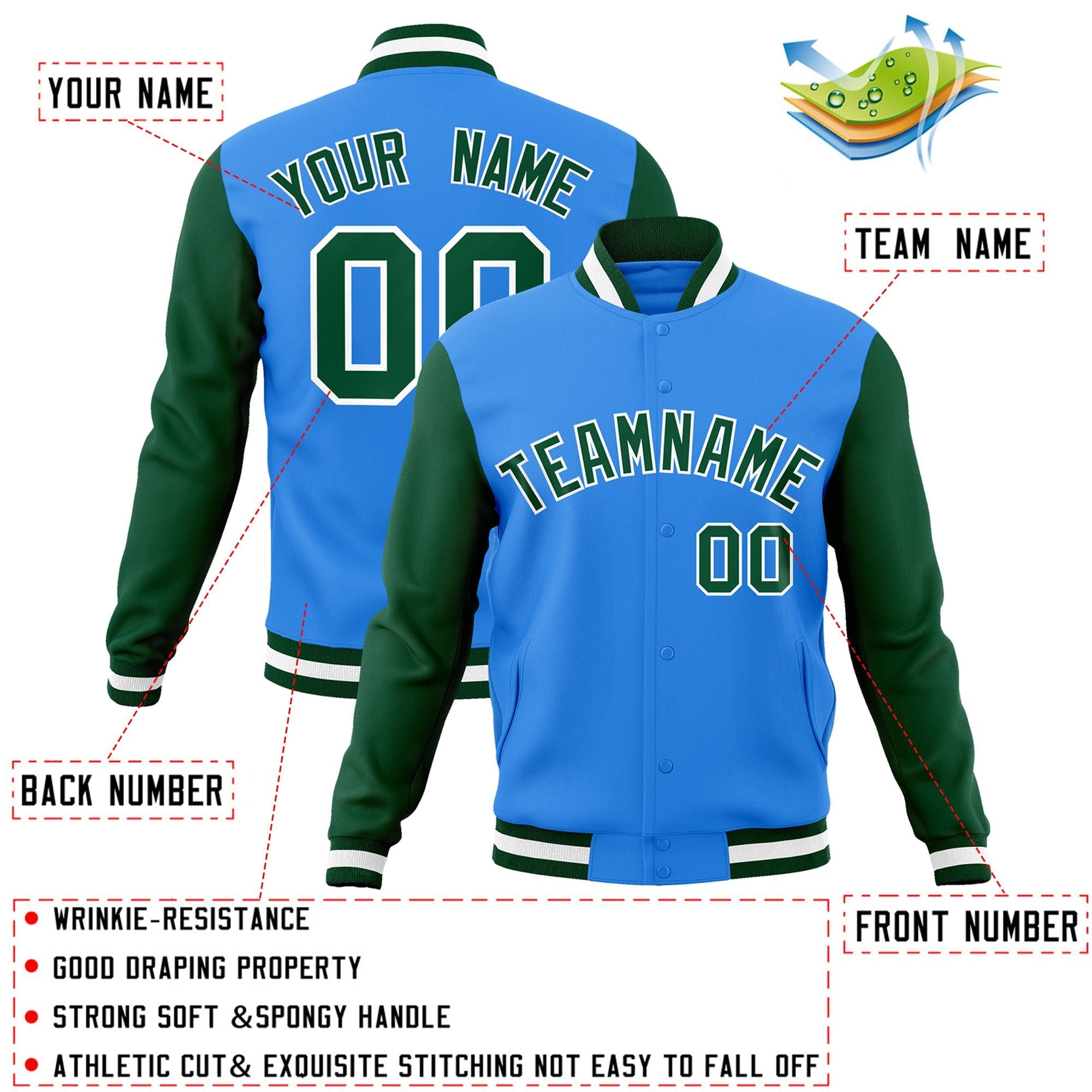 Veste Letterman Varsity Full-Snap à manches raglan bleu poudre personnalisée vert-blanc