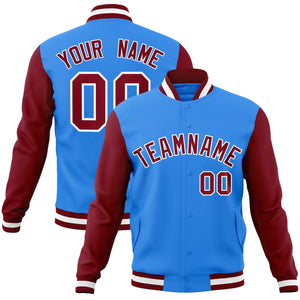 Custom Powder Blue Crimson-White Raglan Sleeves Varsity Full-Snap Letterman Jacket