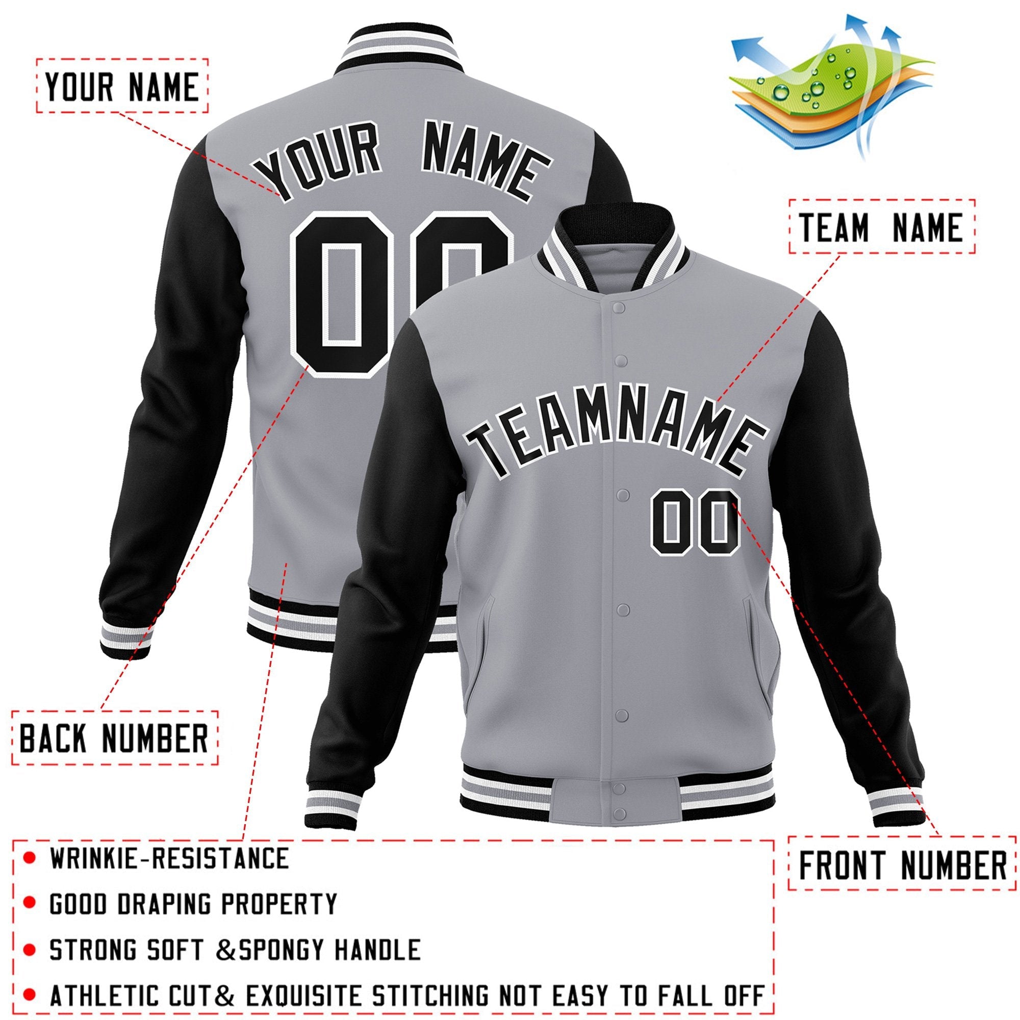 Veste Letterman Varsity Full-Snap à manches raglan gris noir-blanc personnalisée