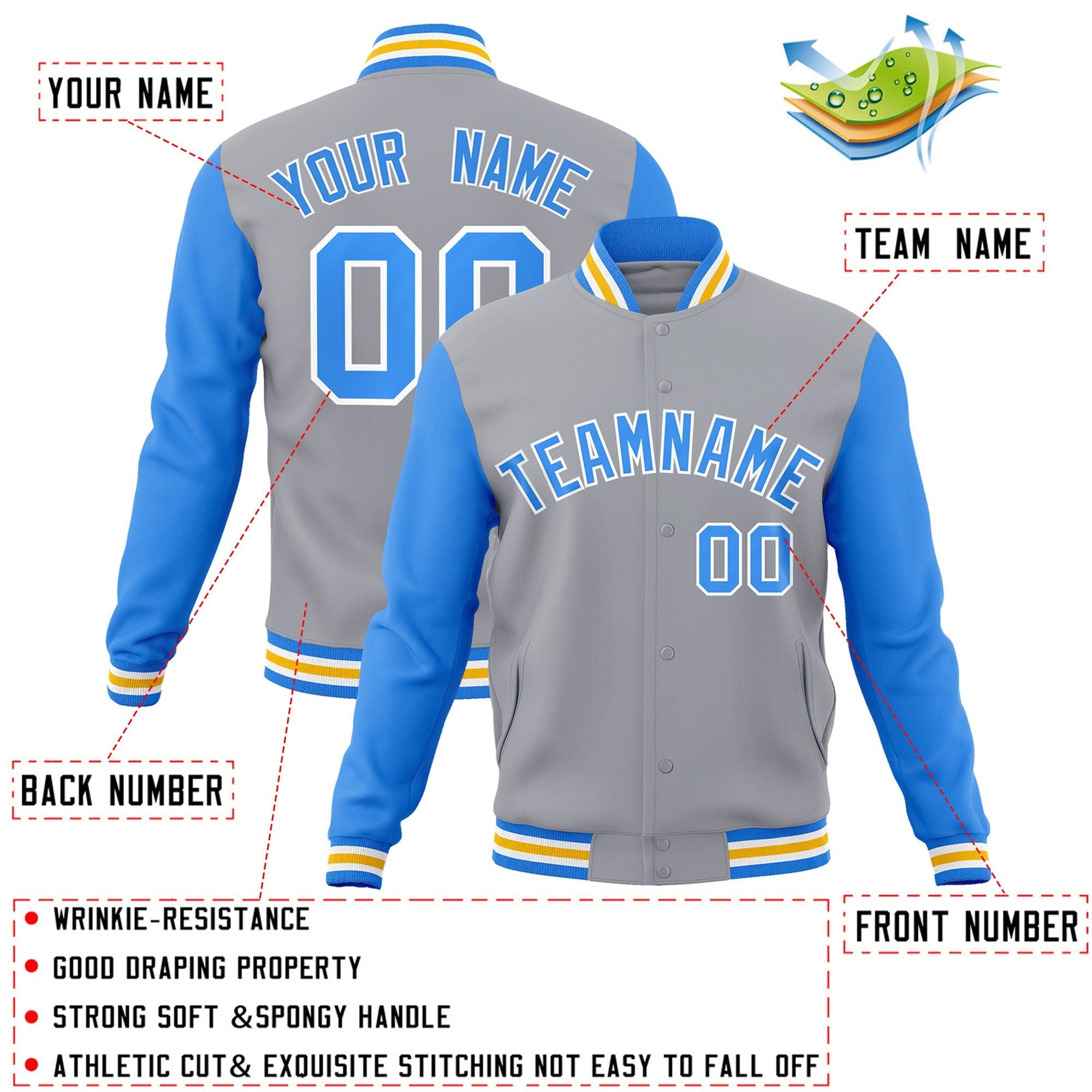 Custom Gray Powder Blue-White Raglan Sleeves Varsity Full-Snap Letterman Jacket