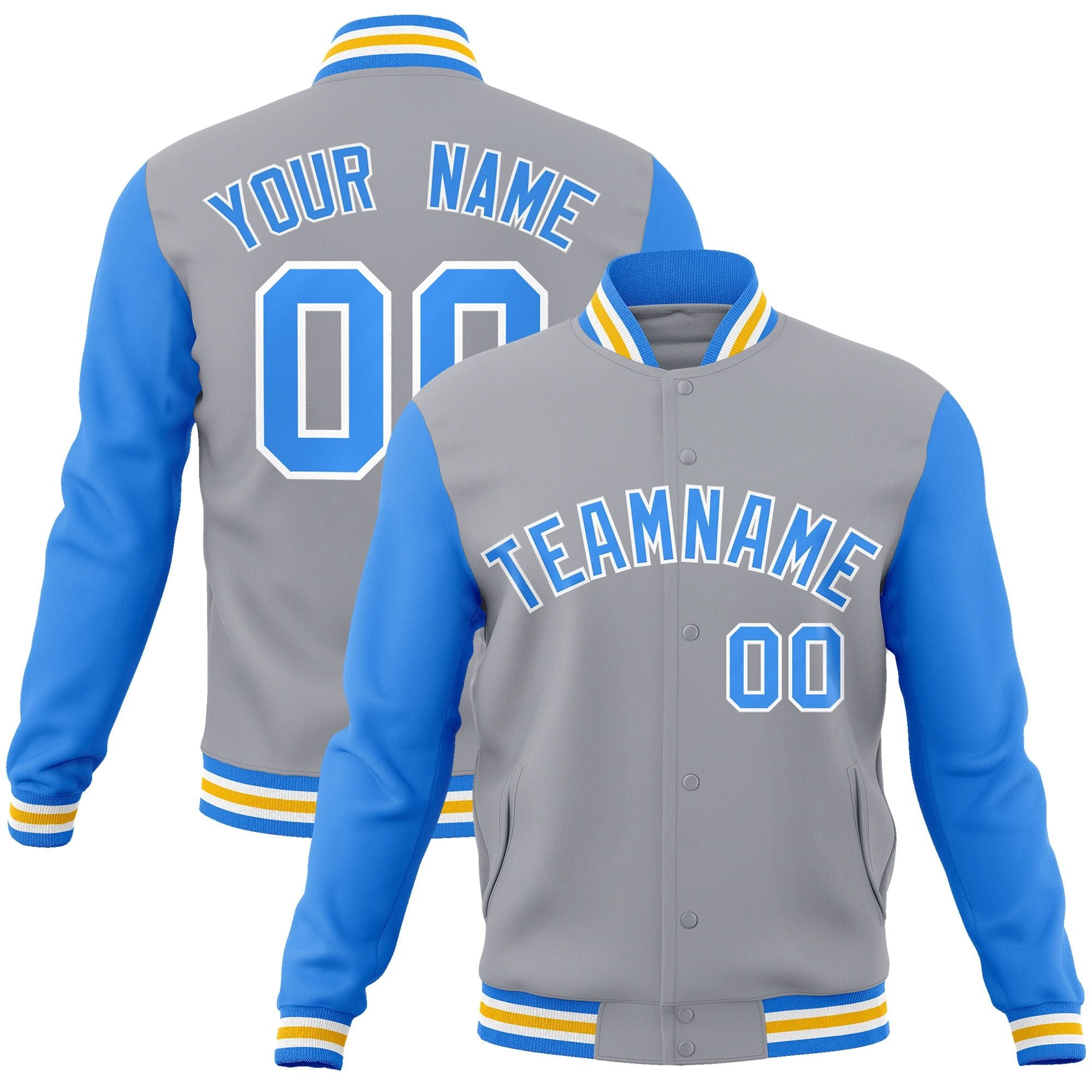 Custom Gray Powder Blue-White Raglan Sleeves Varsity Full-Snap Letterman Jacket