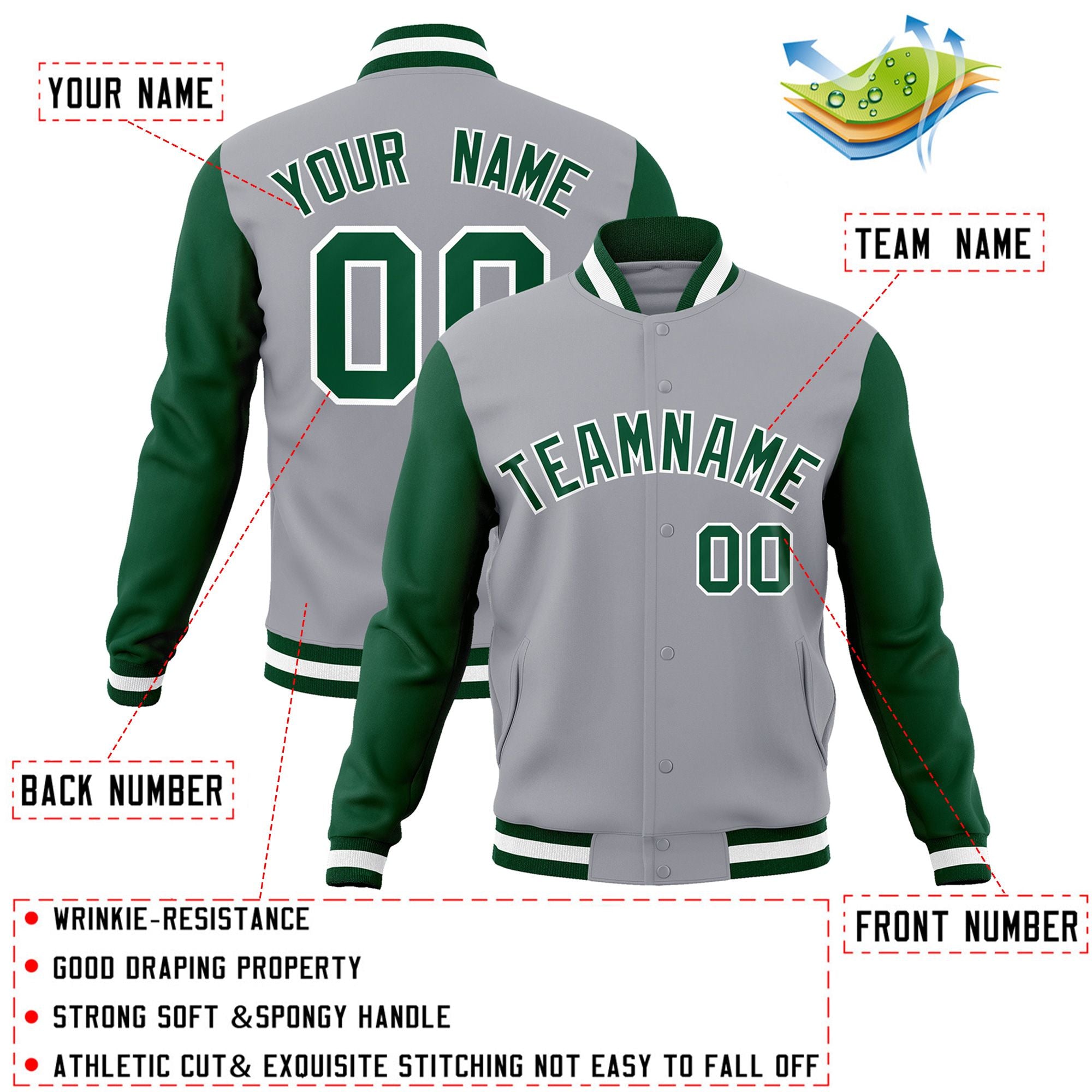 Veste Letterman Varsity Full-Snap à manches raglan gris vert-blanc personnalisée