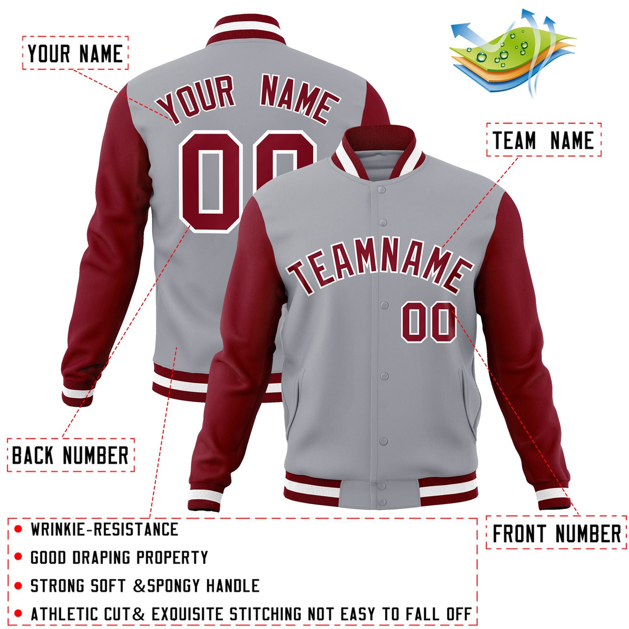 Custom Gray Crimson-White Raglan Sleeves Varsity Full-Snap Letterman Jacket