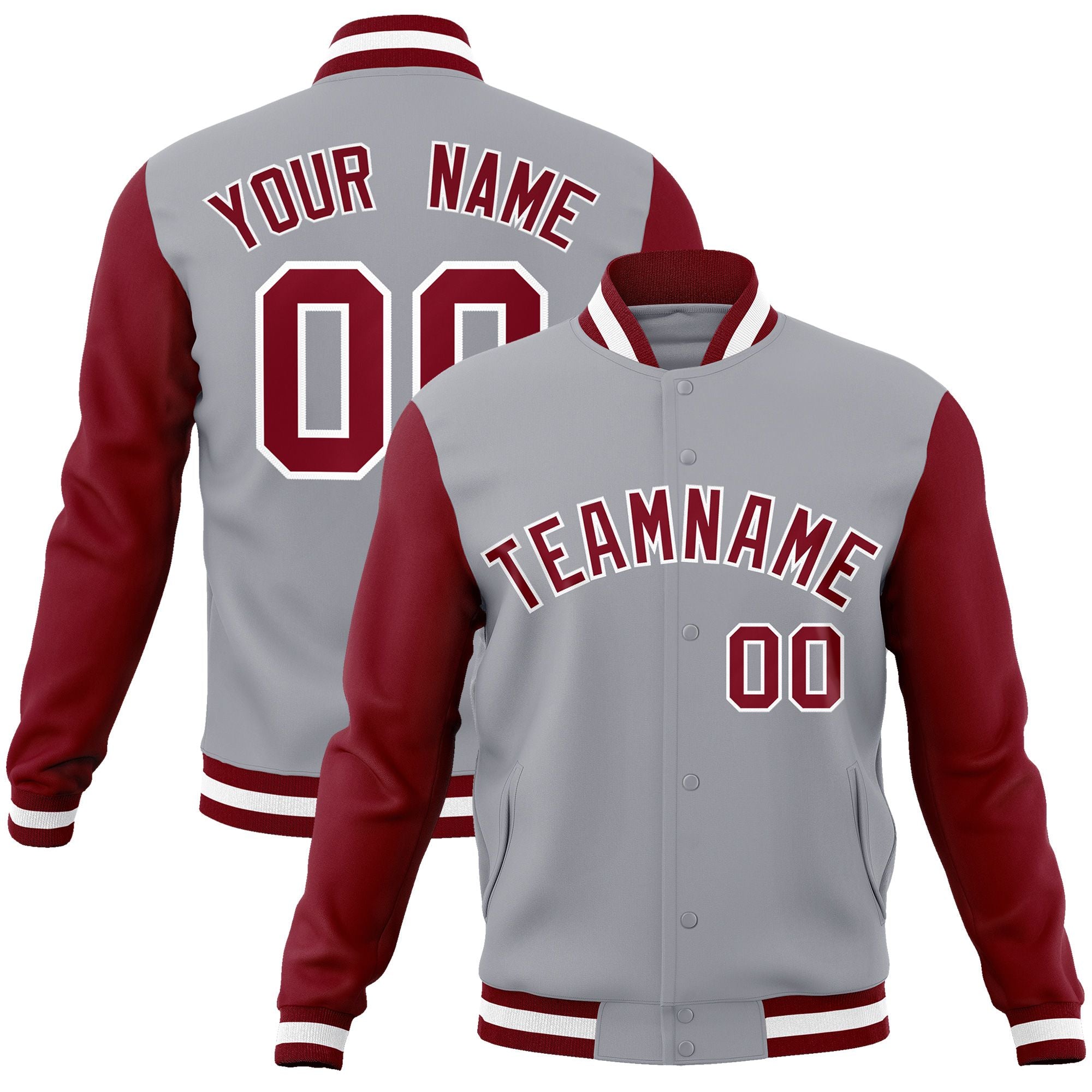 Custom Gray Crimson-White Raglan Sleeves Varsity Full-Snap Letterman Jacket