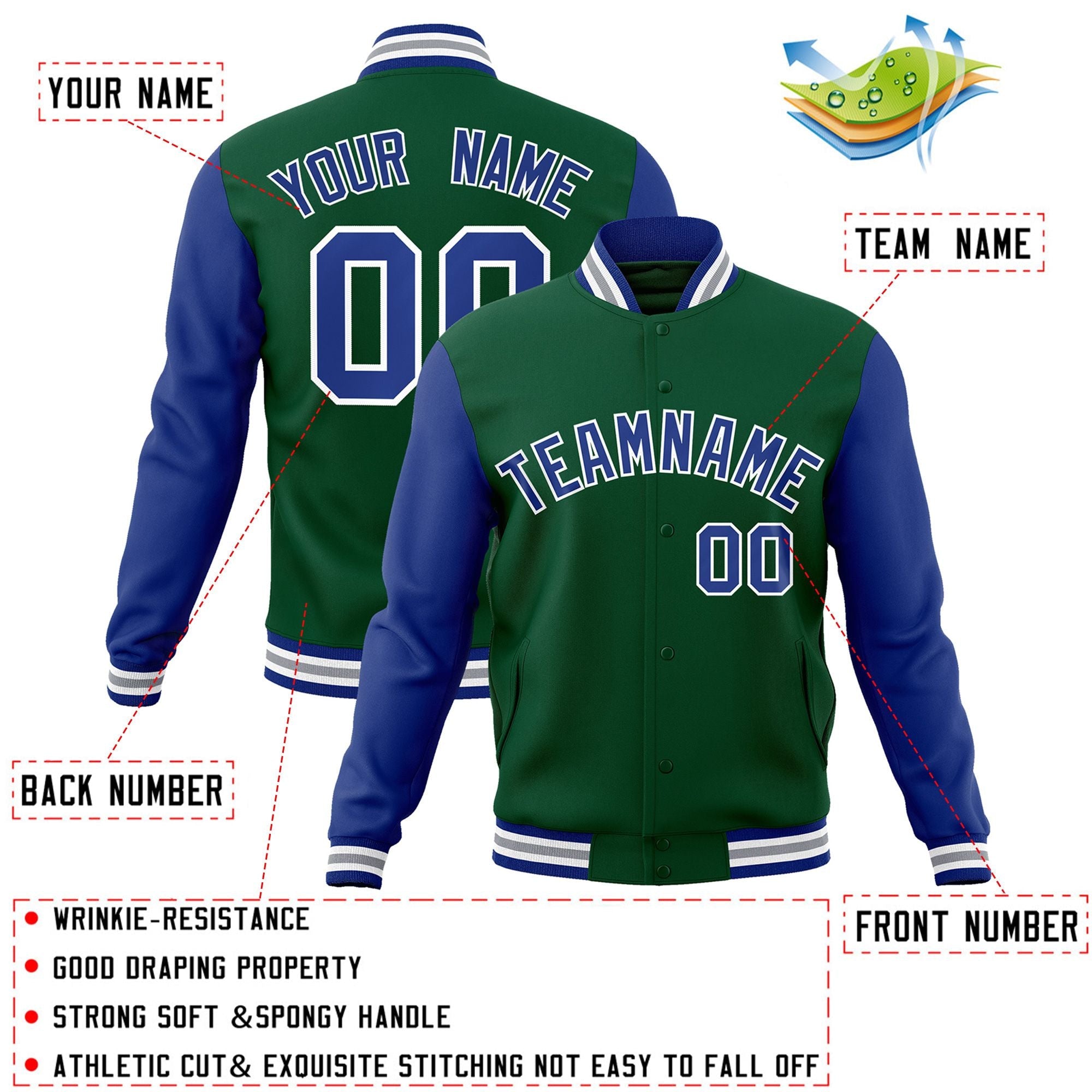 Custom Green Royal-White Raglan Sleeves Varsity Full-Snap Letterman Jacket