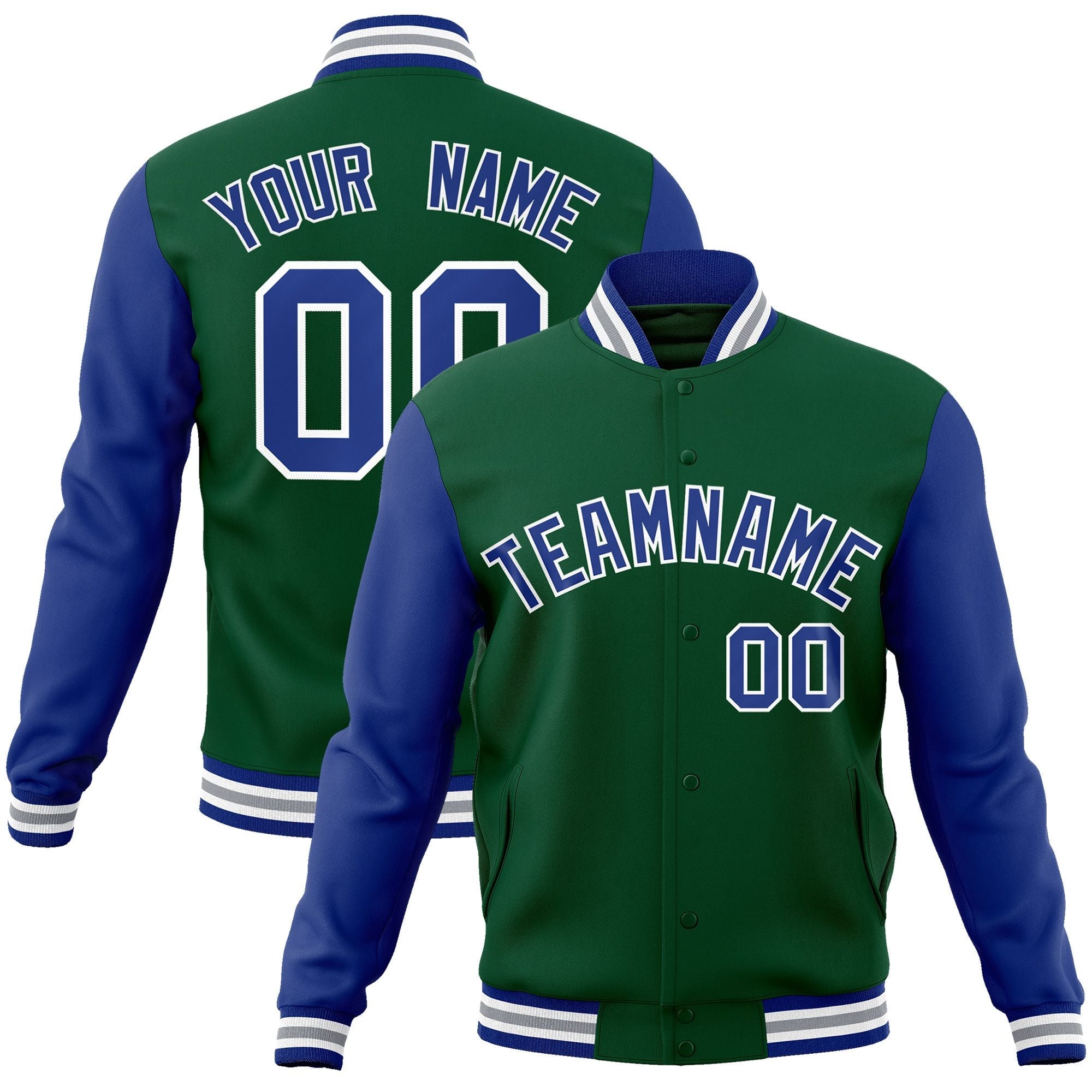 Custom Green Royal-White Raglan Sleeves Varsity Full-Snap Letterman Jacket