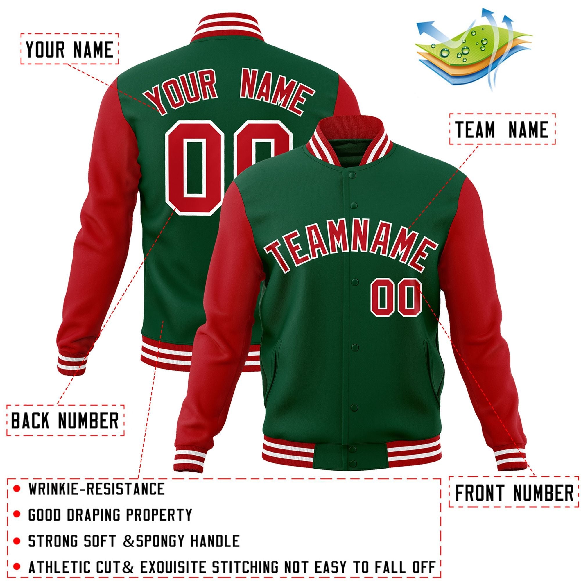 Custom Green Red-White Raglan Sleeves Varsity Full-Snap Letterman Jacket