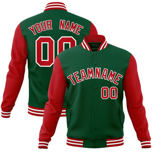 Veste Letterman Varsity Full-Snap à manches raglan personnalisées vert rouge-blanc