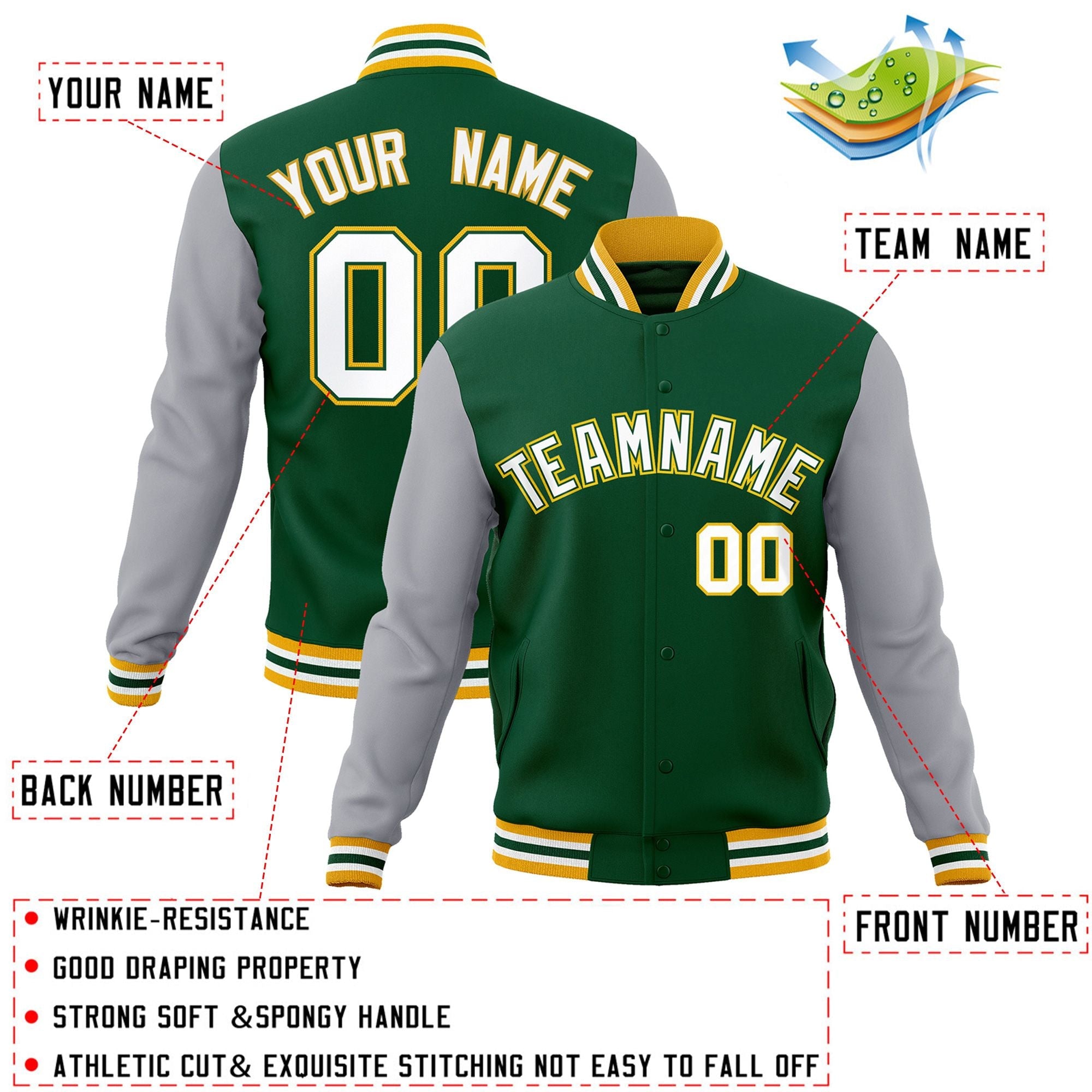 Veste Letterman Varsity Full-Snap à manches raglan personnalisées vert blanc-vert