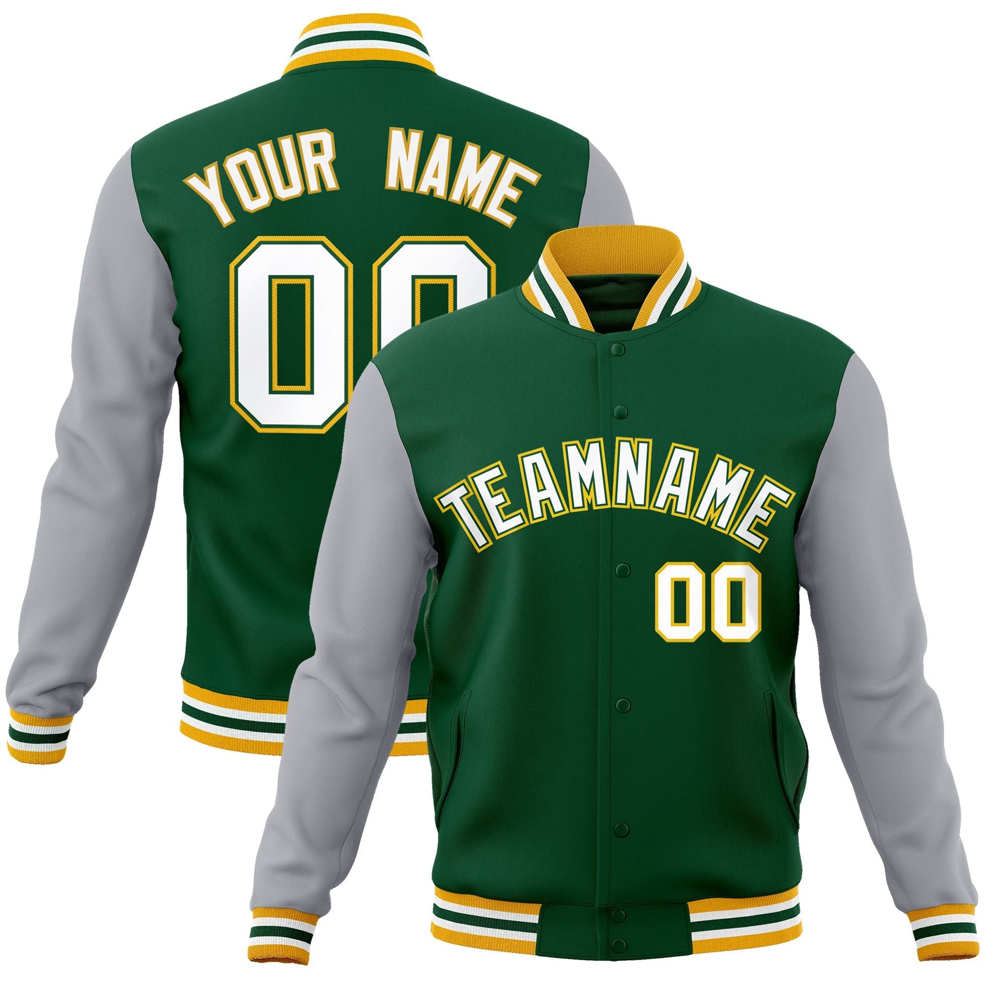 Custom Green White-Green Raglan Sleeves Varsity Full-Snap Letterman Jacket