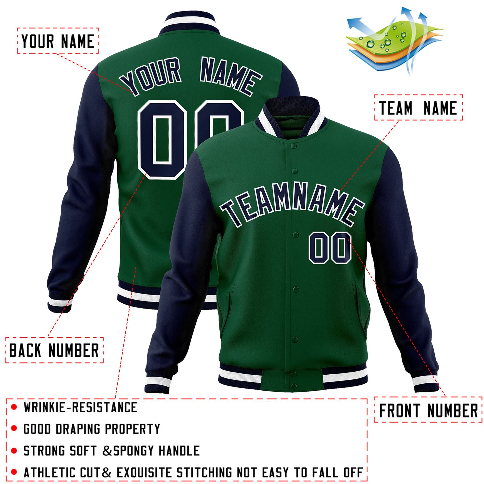 Veste Letterman Varsity Full-Snap à manches raglan personnalisées vert marine-blanc