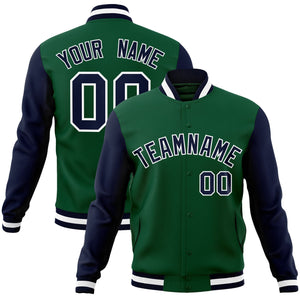 Custom Green Navy-White Raglan Sleeves Varsity Full-Snap Letterman Jacket