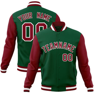 Custom Green Crimson-White Raglan Sleeves Varsity Full-Snap Letterman Jacket