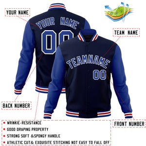 Custom Navy Royal-White Raglan Sleeves Varsity Full-Snap Letterman Jacket