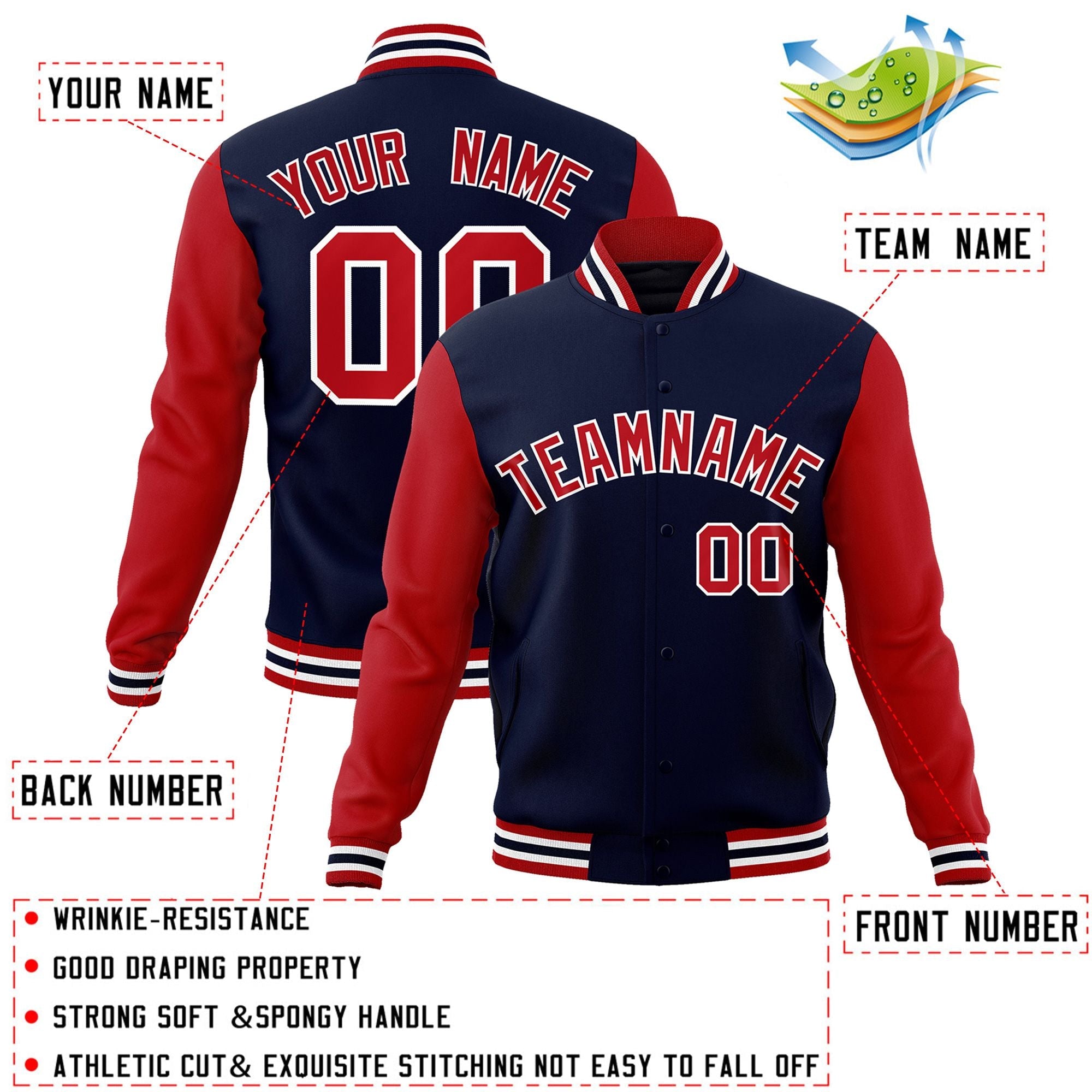 Custom Navy Red-White Raglan Sleeves Varsity Full-Snap Letterman Jacket