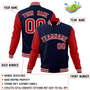 Custom Navy Red-White Raglan Sleeves Varsity Full-Snap Letterman Jacket