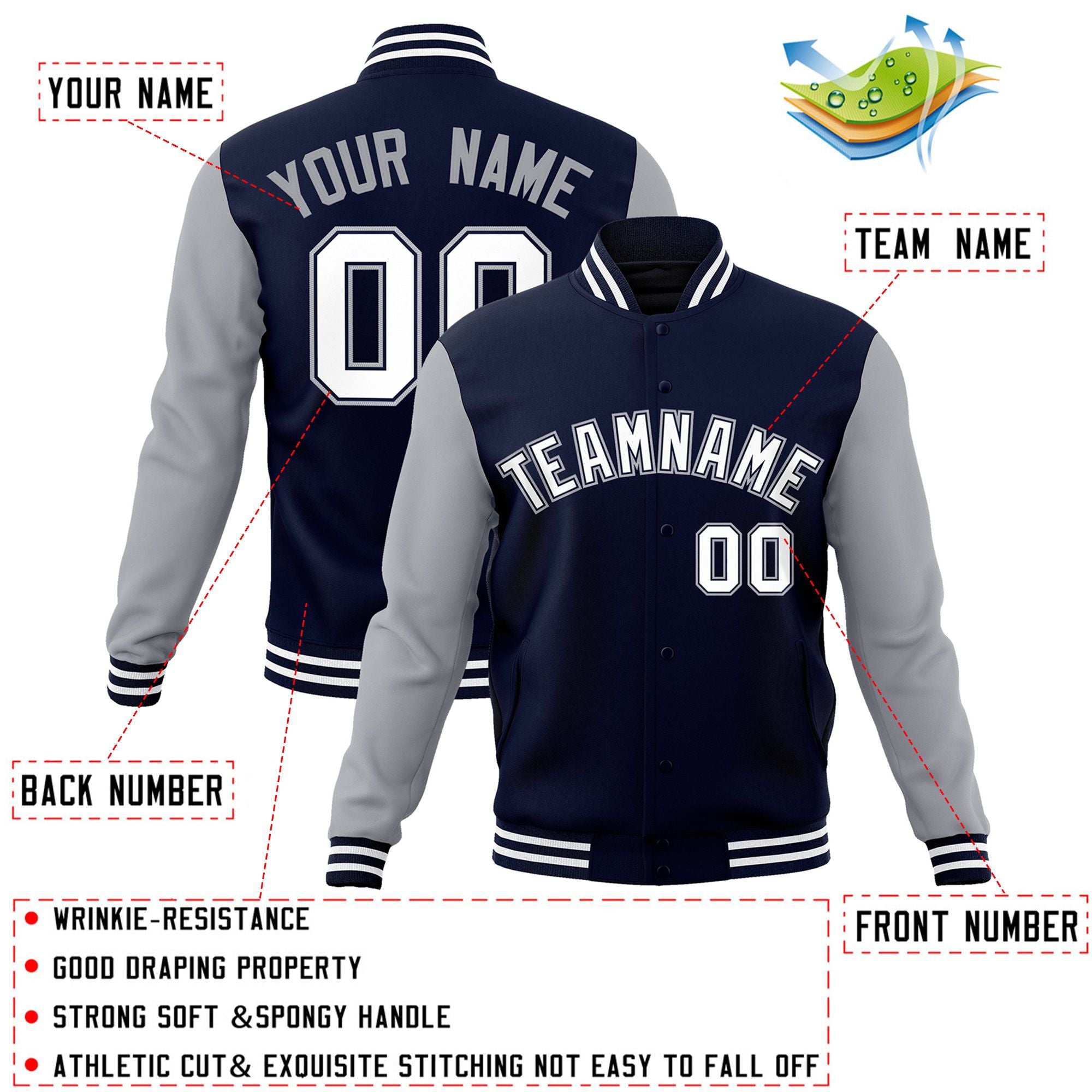 Veste Letterman universitaire à manches raglan blanc-marine personnalisée