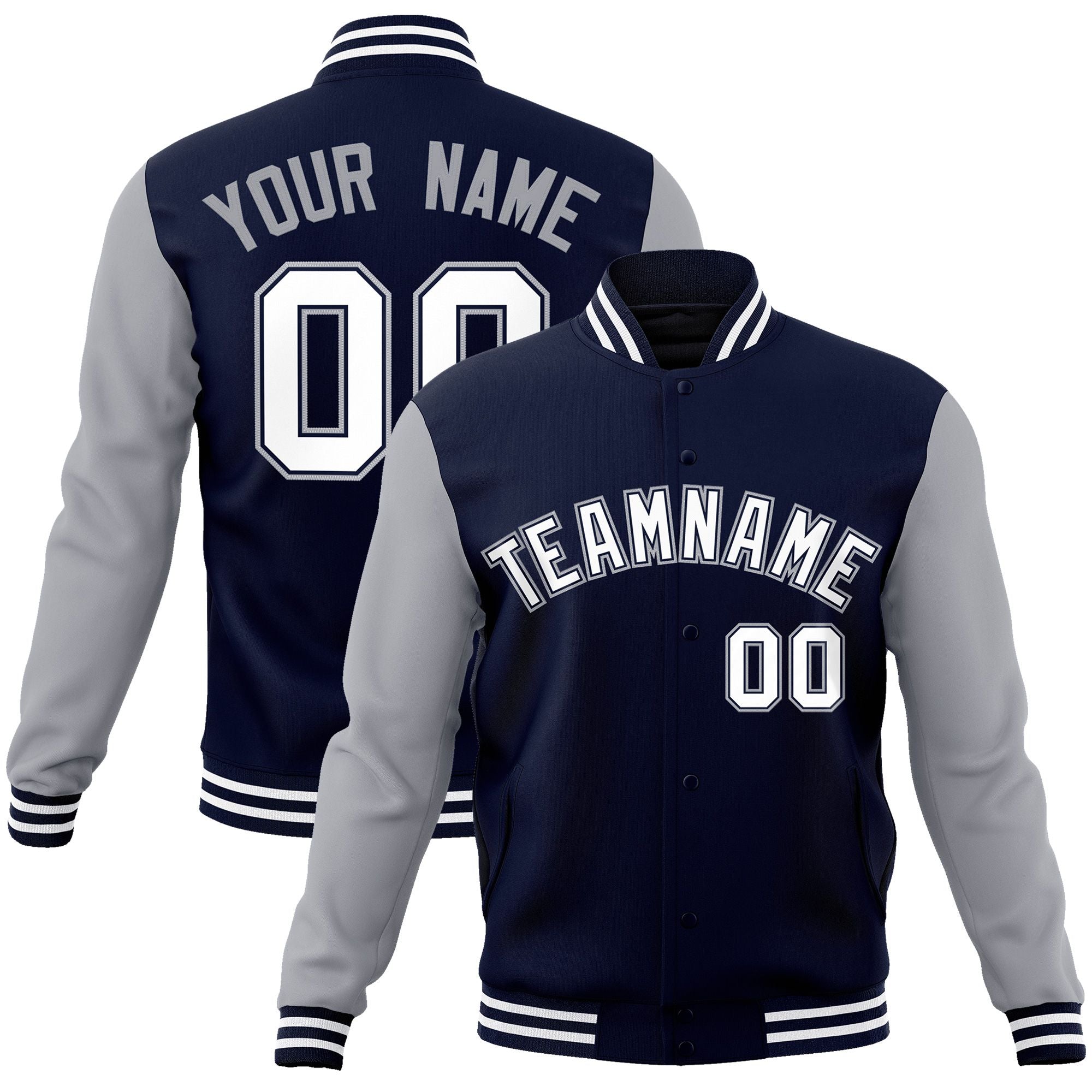 Custom Navy White-Navy Raglan Sleeves Varsity Full-Snap Letterman Jacket