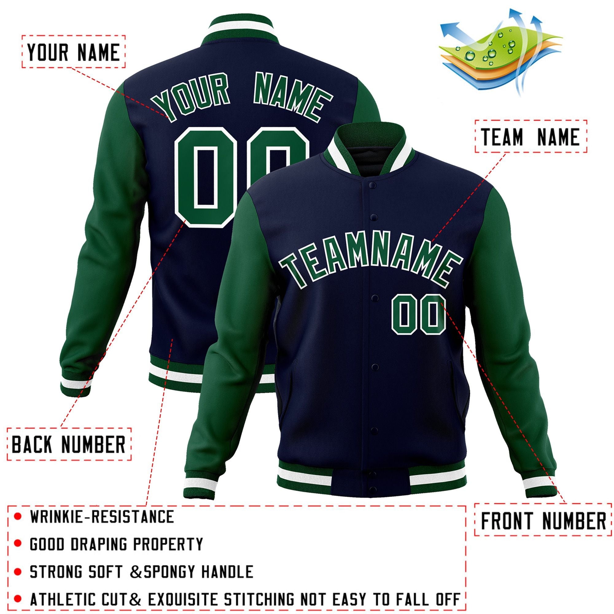 Custom Navy Green-White Raglan Sleeves Varsity Full-Snap Letterman Jacket