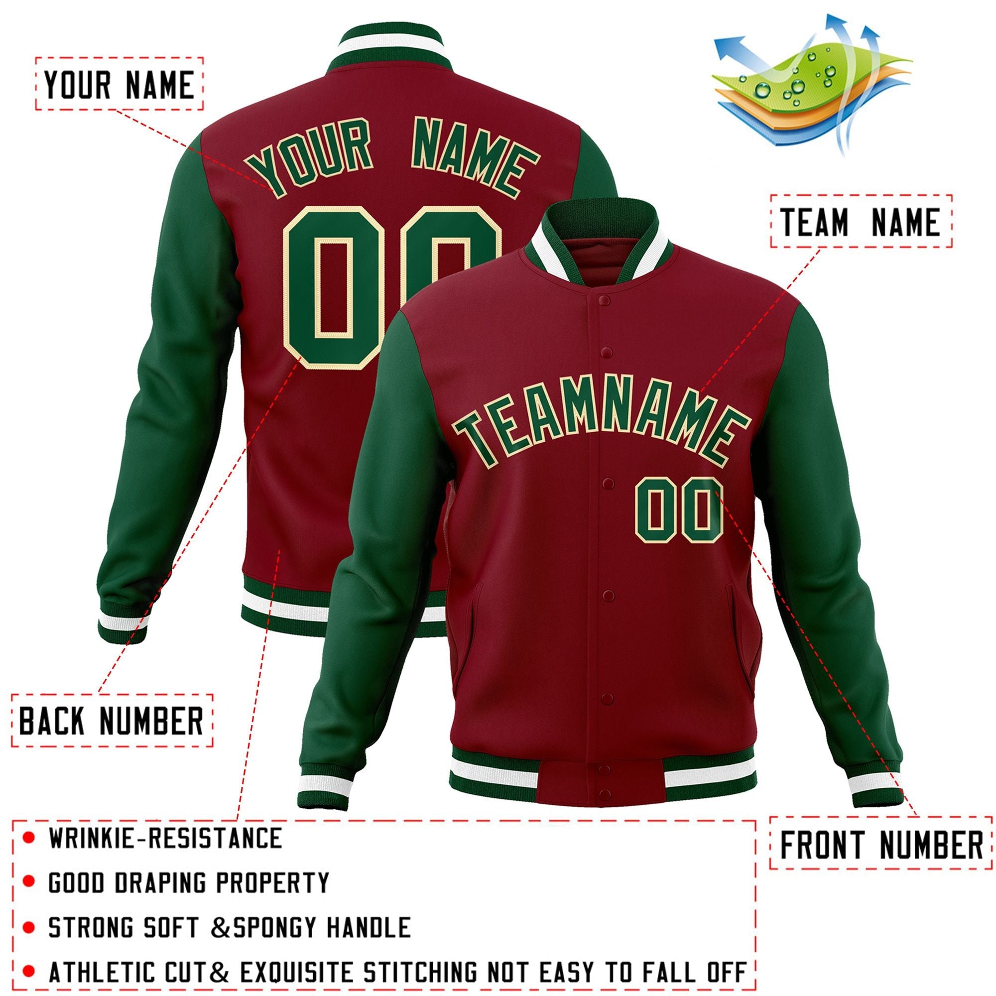 Custom Crimson Green-Khaki Raglan Sleeves Varsity Full-Snap Letterman Jacket