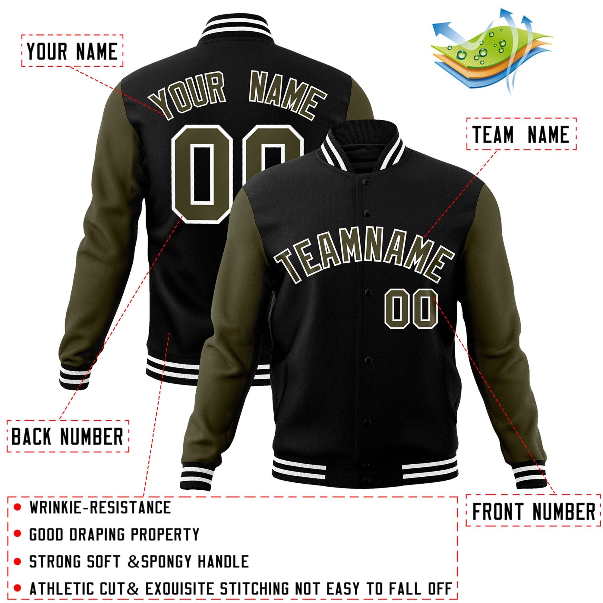 Custom Black Olive-White Raglan Sleeves Varsity Full-Snap Letterman Jacket