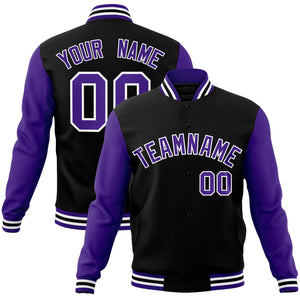 Custom Black Purple-White Raglan Sleeves Varsity Full-Snap Letterman Jacket