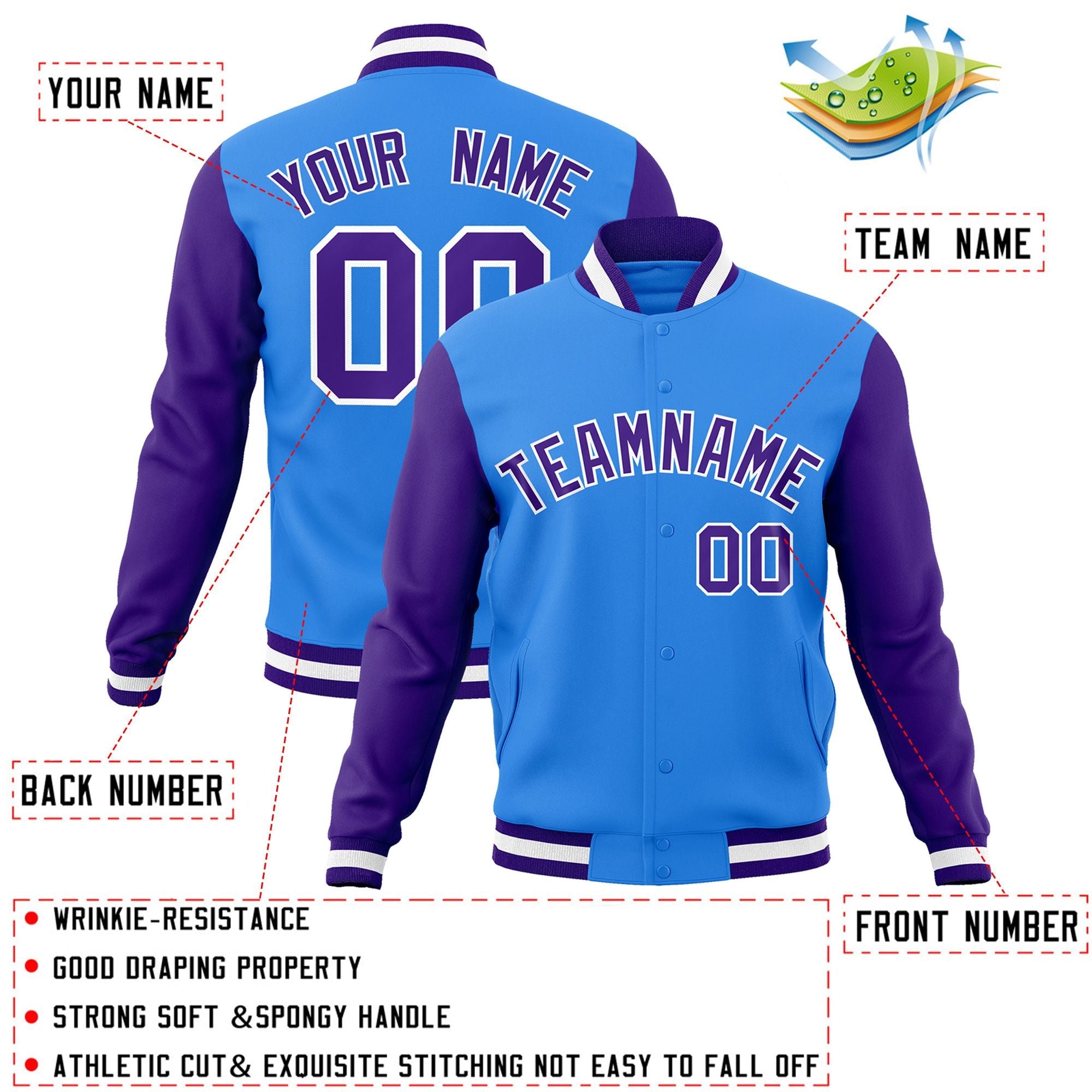 Veste Letterman Varsity Full-Snap à manches raglan bleu poudre personnalisée violet-blanc