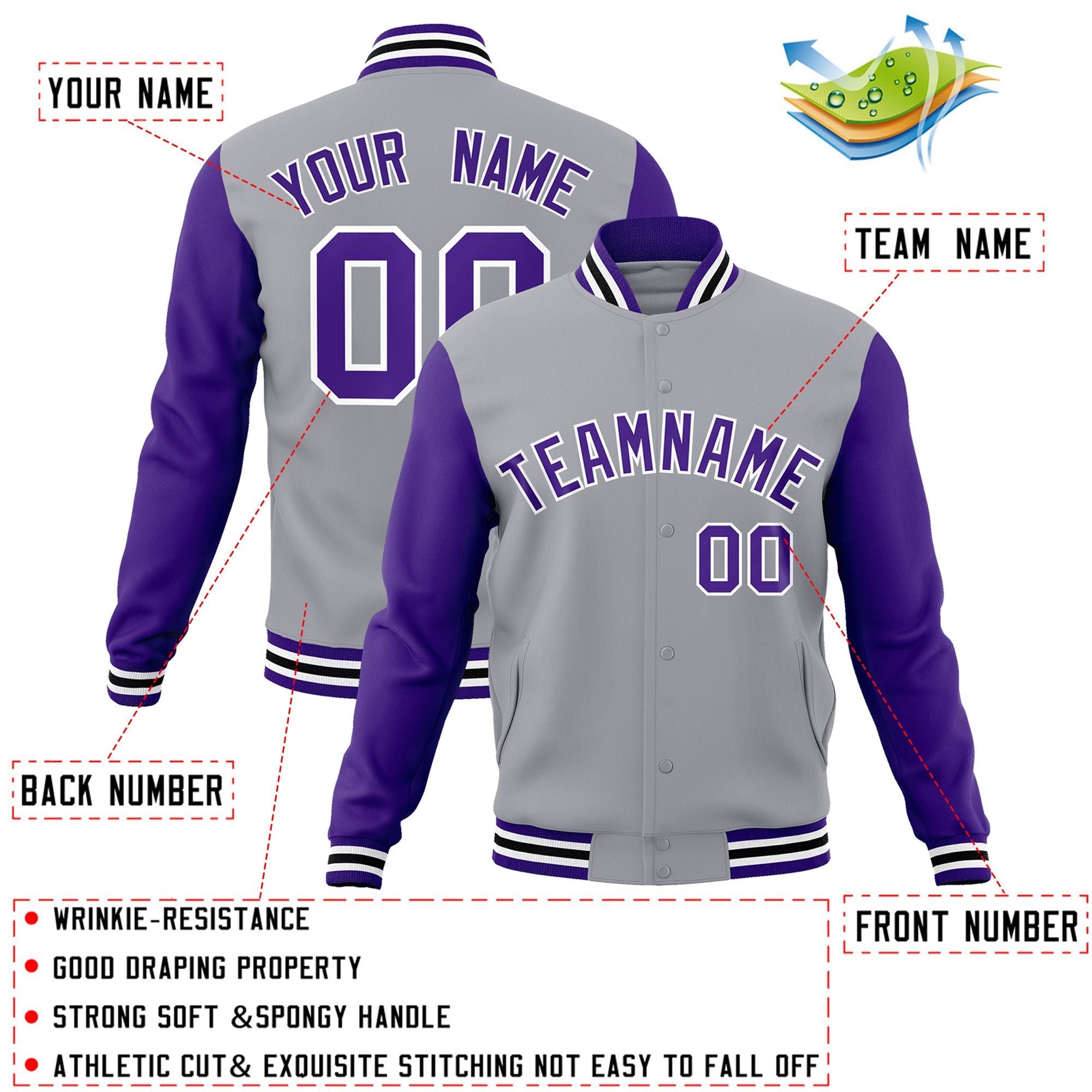 Veste Letterman Varsity Full-Snap à manches raglan gris violet-blanc personnalisée