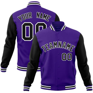 Custom Purple Black-White Raglan Sleeves Varsity Full-Snap Letterman Jacket