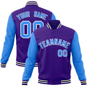 Custom Purple Powder Blue-White Raglan Sleeves Varsity Full-Snap Letterman Jacket