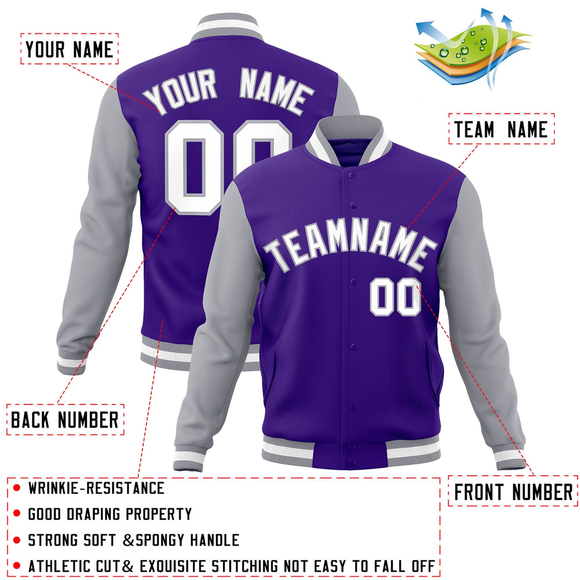 Veste Letterman Varsity Full-Snap à manches raglan personnalisées violet blanc-gris