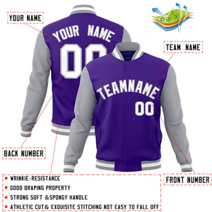 Custom Purple White-Gray Raglan Sleeves Varsity Full-Snap Letterman Jacket